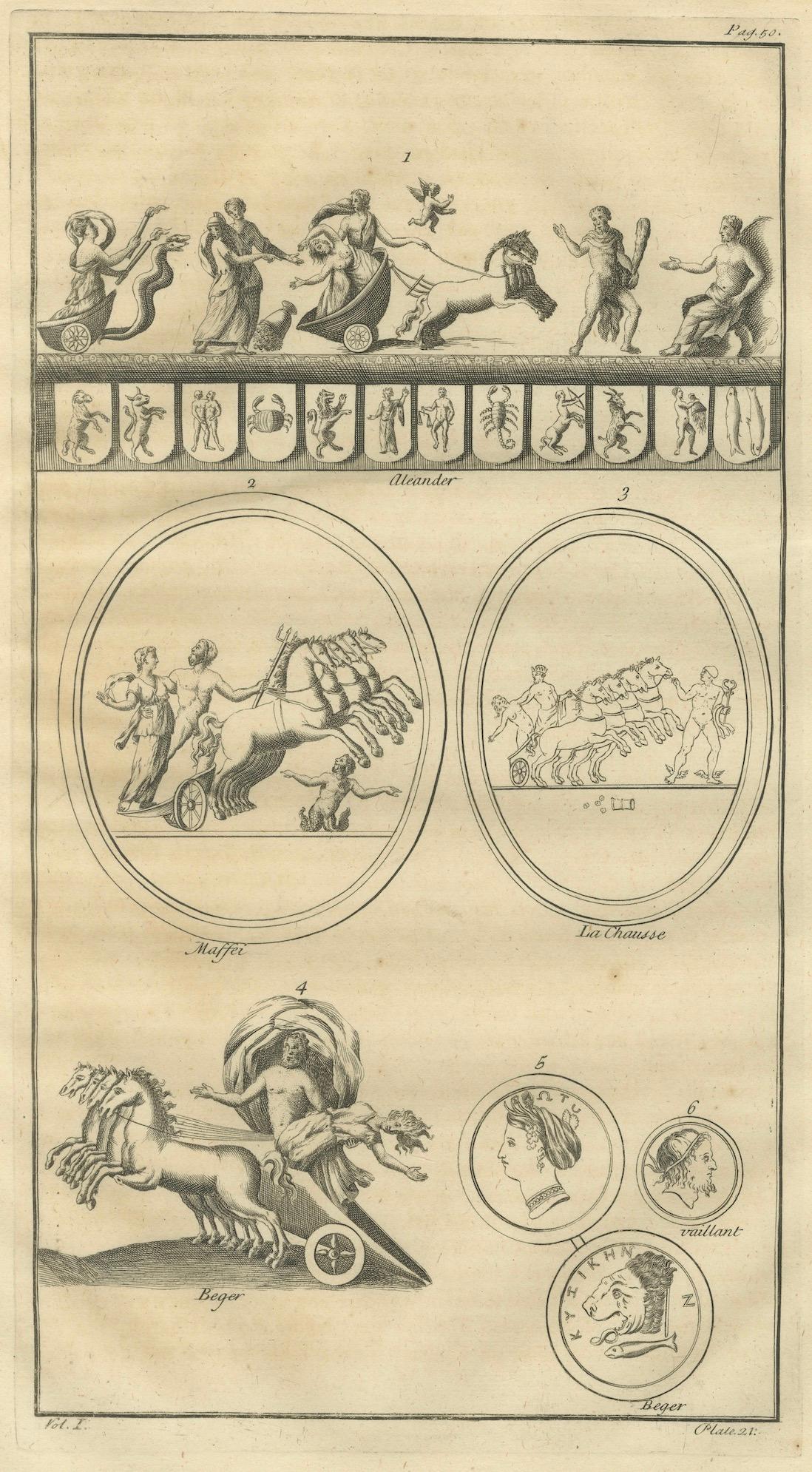 Antique Roman Chariot Reliefs and Medallions, Montfaucon Engraving, 1721