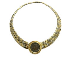 Antique Roman Coin 18k Classical Roman Style Two-Tone Gold Woven Necklace