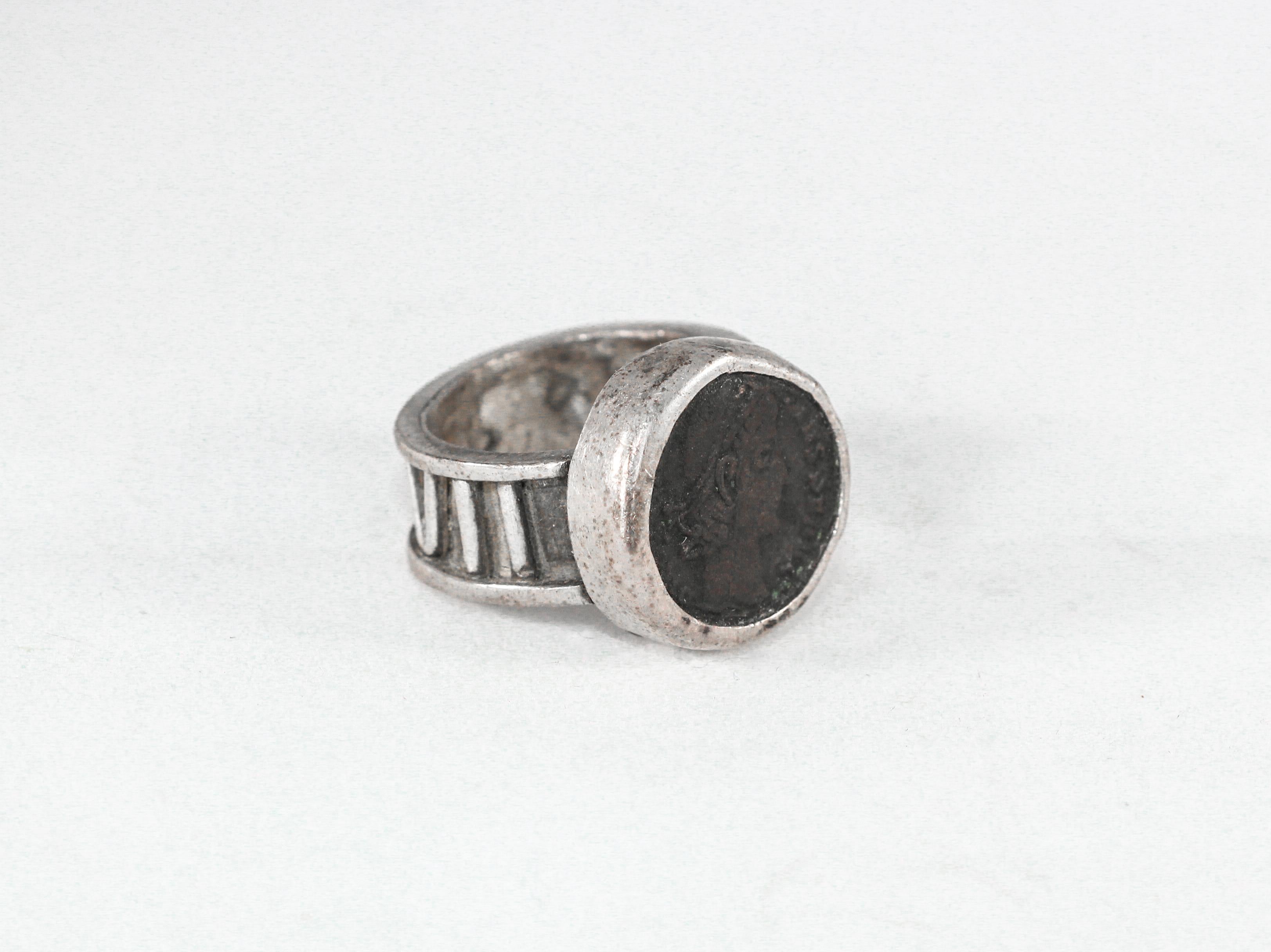 Contemporary Antique Roman Coin Fine Silver Handmade Signet Ring Personalized Designer For Sale