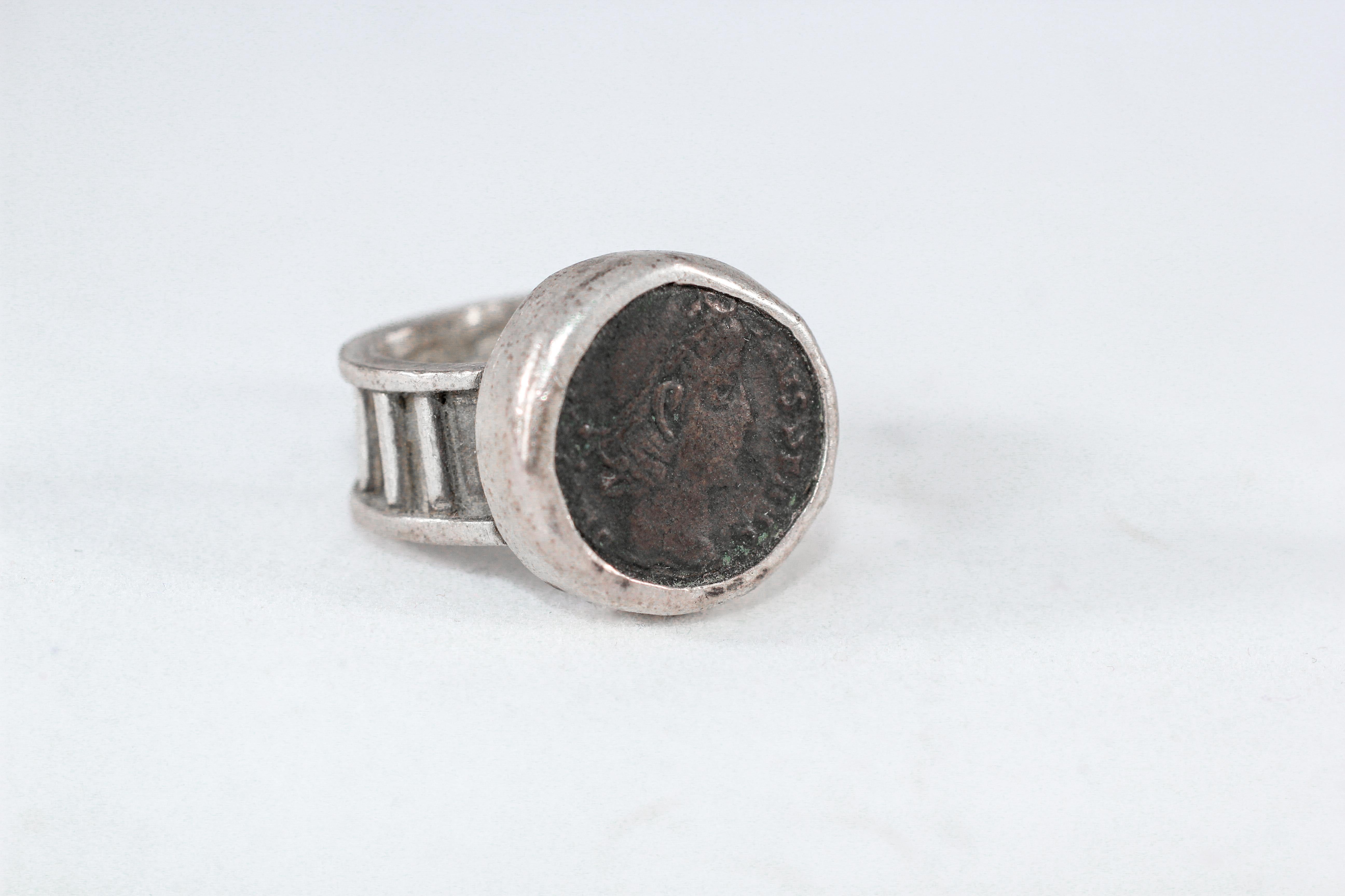 Round Cut Antique Roman Coin Fine Silver Handmade Signet Ring Personalized Designer For Sale