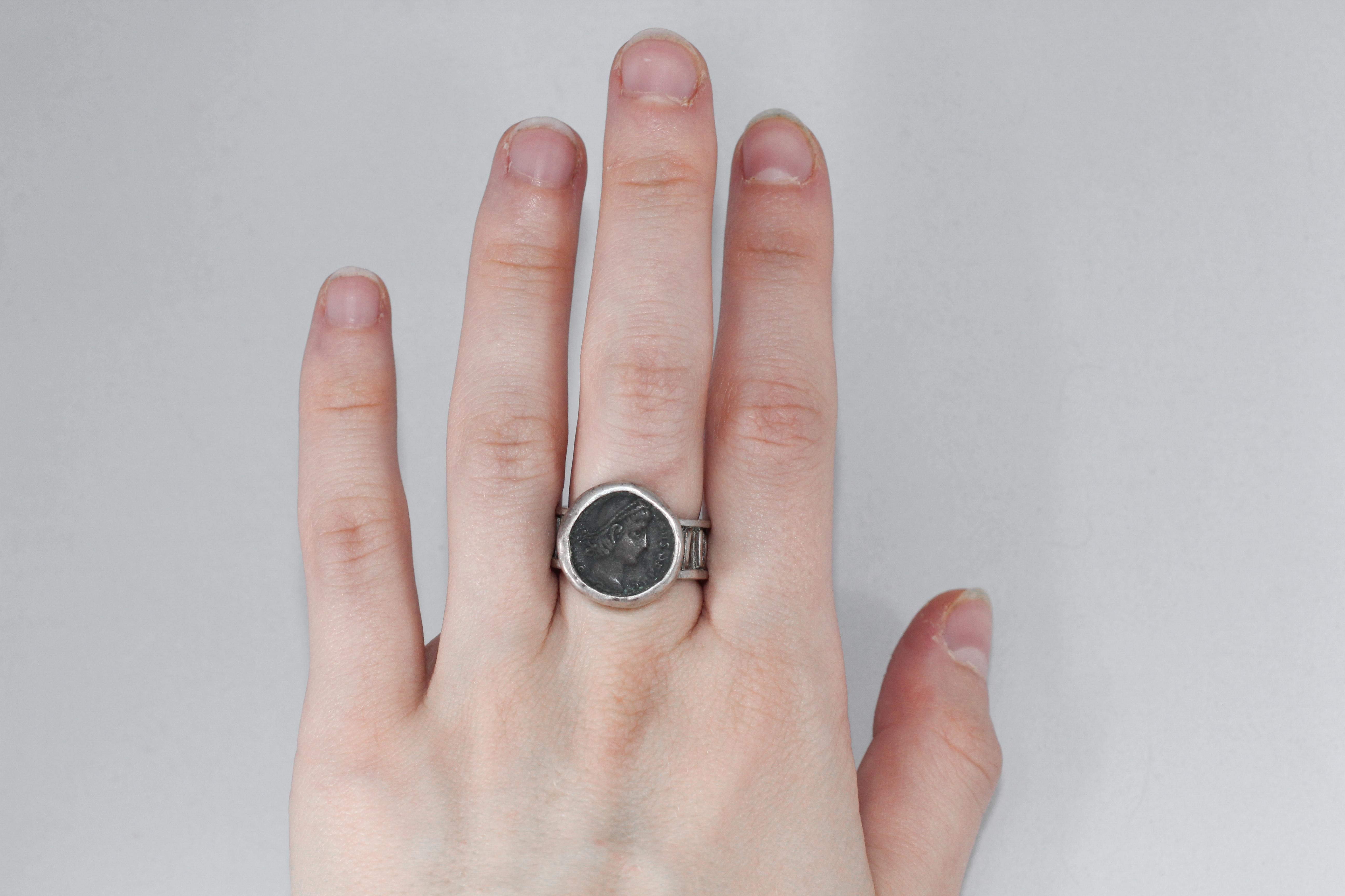 Antique Roman Coin Fine Silver Handmade Signet Ring Personalized Designer In New Condition For Sale In New York, NY