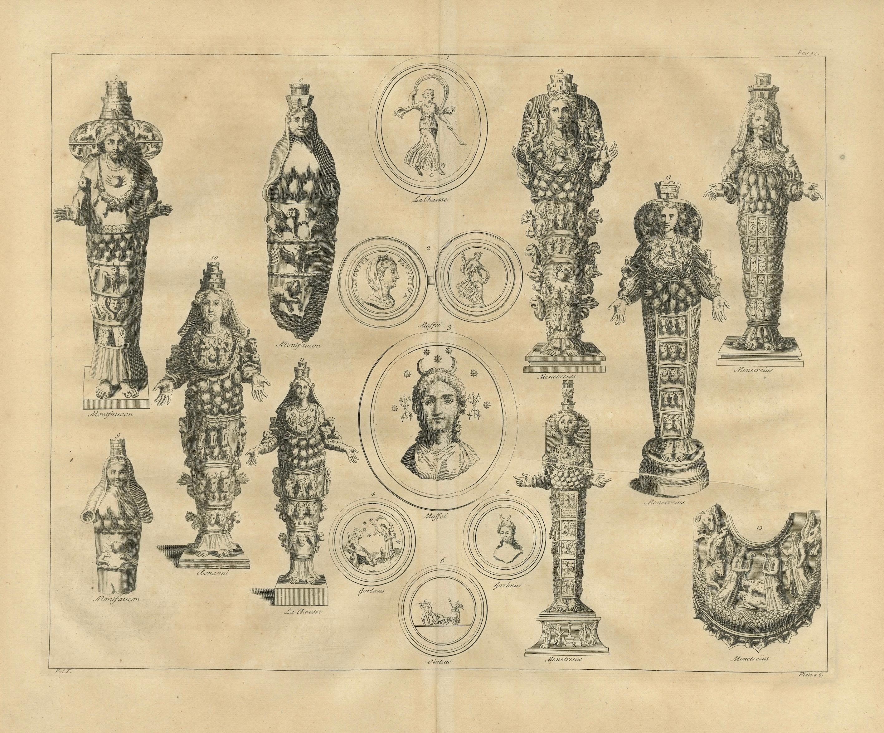 Antique Roman Ephesian Artemis Statues, Montfaucon Classical Engraving 1721