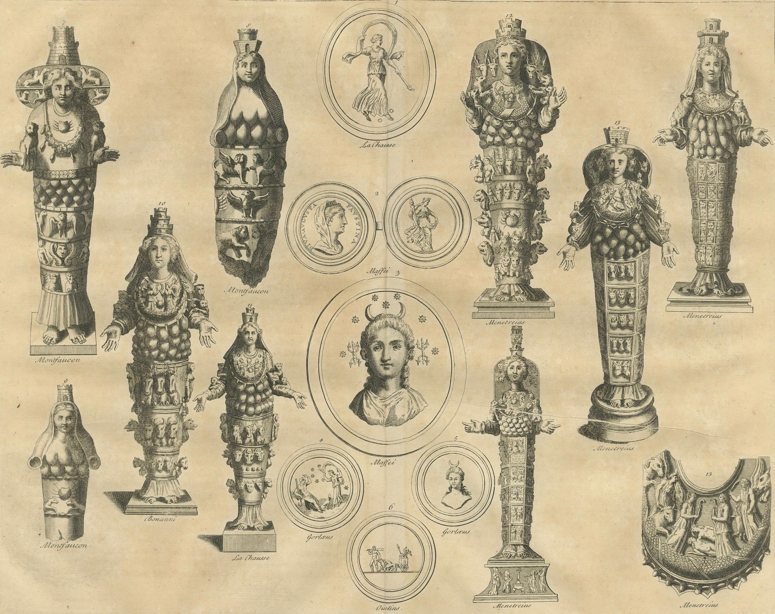 Antique Roman Ephesian Artemis Statues, Montfaucon Classical Engraving 1721