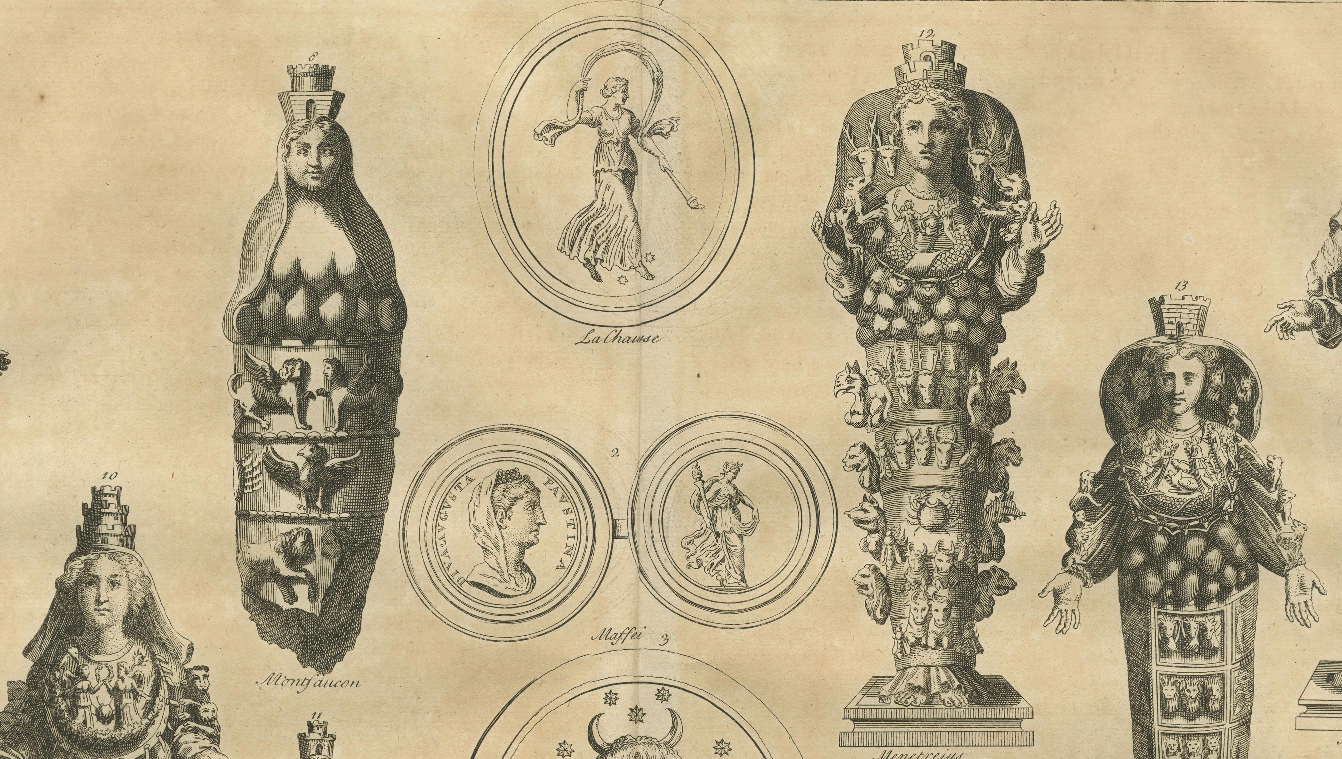 Antique Roman Ephesian Artemis Statues, Montfaucon Classical Engraving 1721