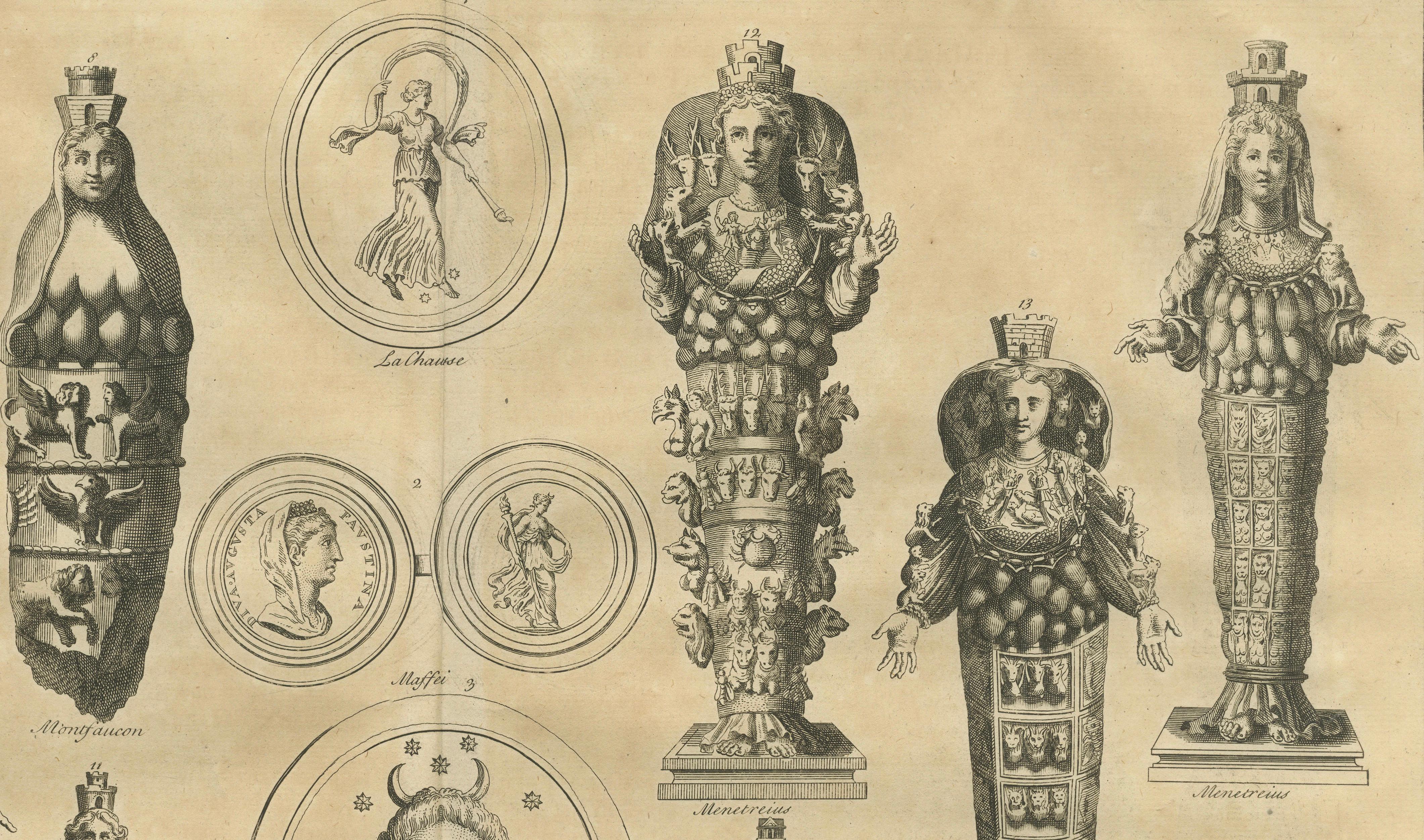 Antique Roman Ephesian Artemis Statues, Montfaucon Classical Engraving 1721