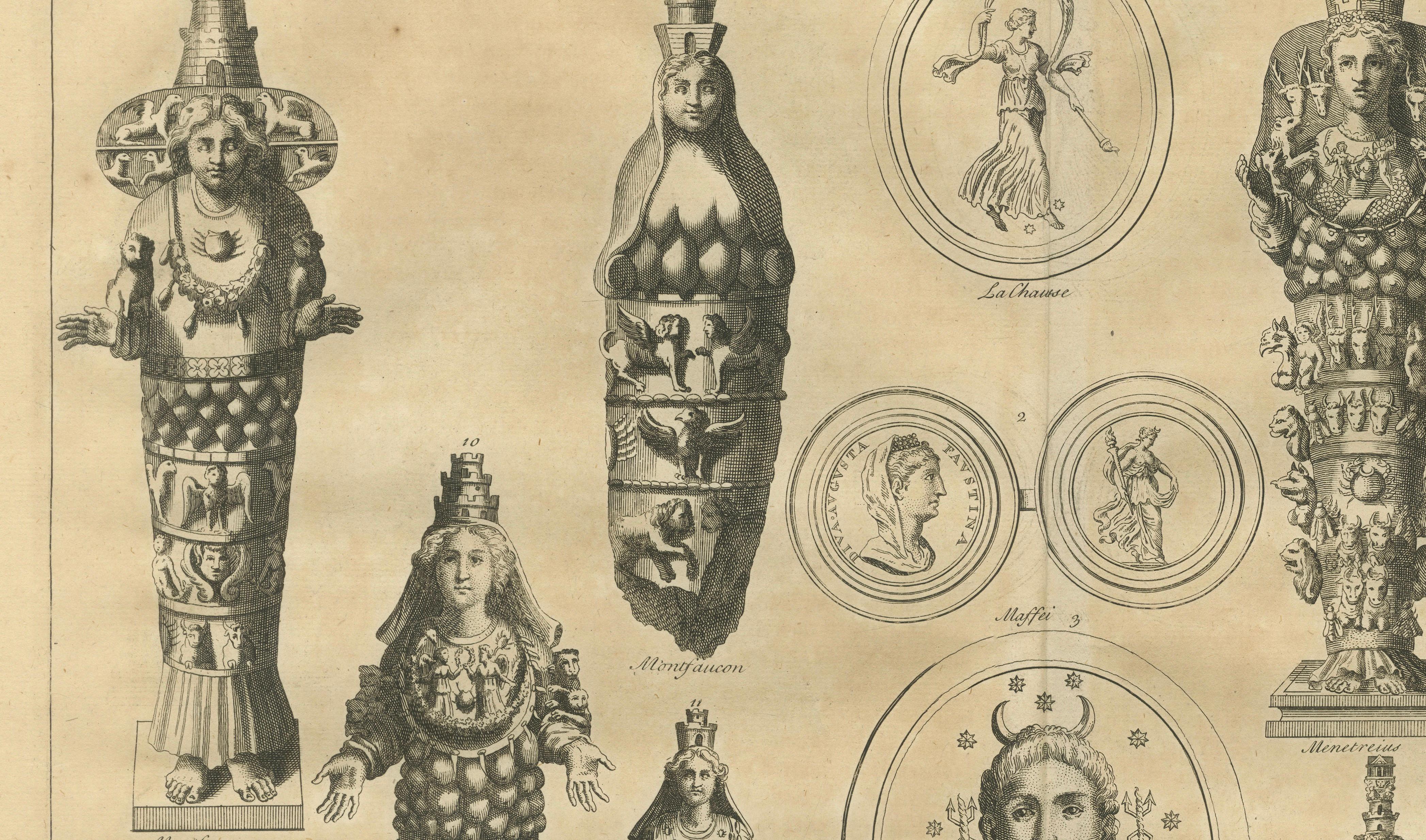 Antique Roman Ephesian Artemis Statues, Montfaucon Classical Engraving 1721