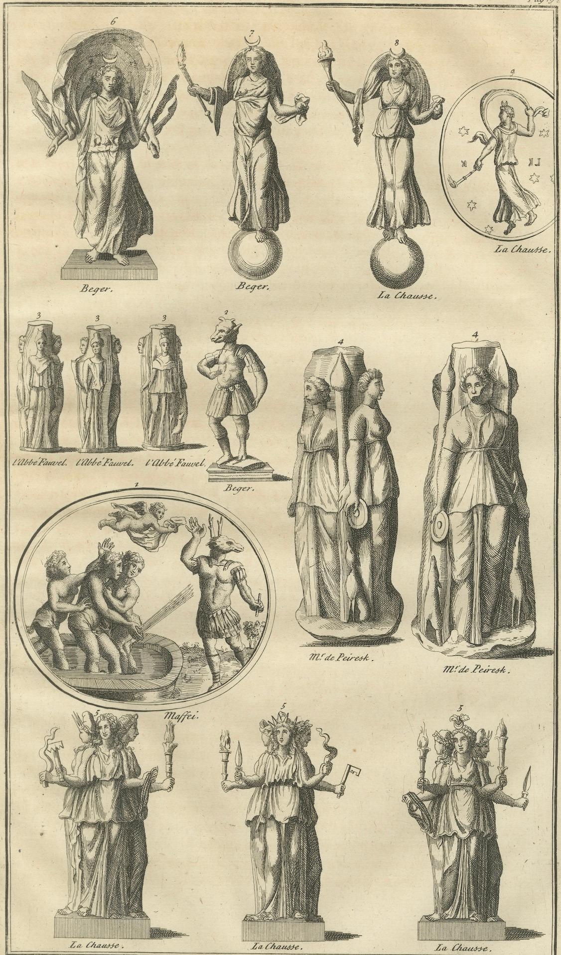 Antique Roman Goddess Statues and Reliefs, Montfaucon Classical Engraving 1721