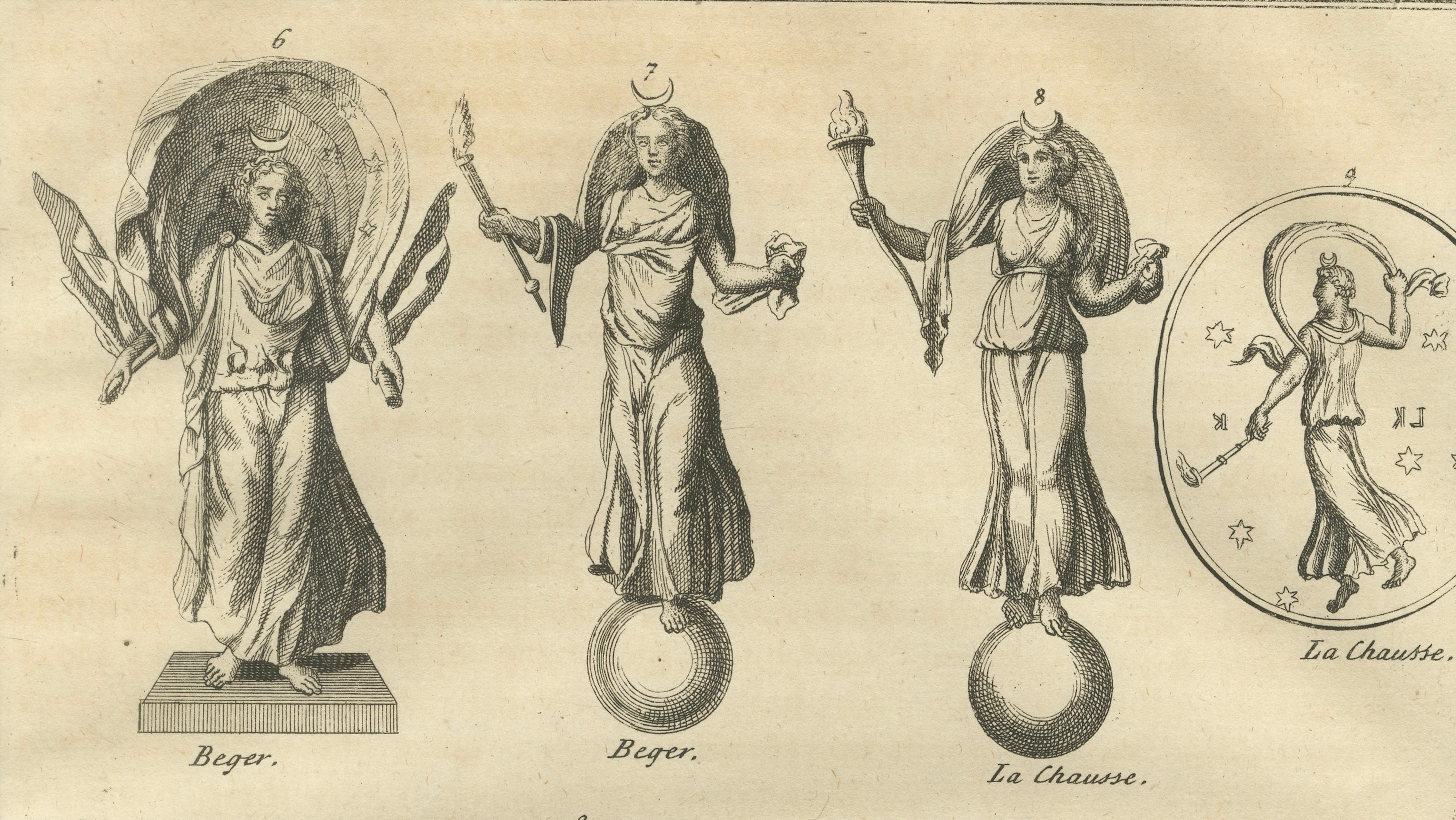 Antique Roman Goddess Statues and Reliefs, Montfaucon Classical Engraving 1721