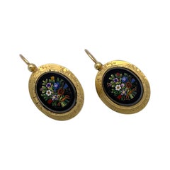 Antique 1850 Roman Micromosaic Bouquets of Flowers Gold Dangling Earrings