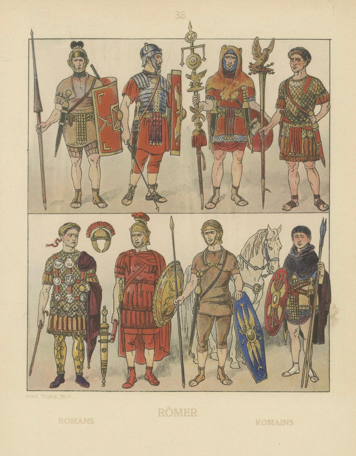 Antiker römischer Militärkostümteller, handkolorierter Druck um 1880

Diese beeindruckende antike Kostümtafel bietet einen detaillierten und maßgeblichen visuellen Überblick über die römische Militärtracht, die mit außergewöhnlicher Klarheit und von