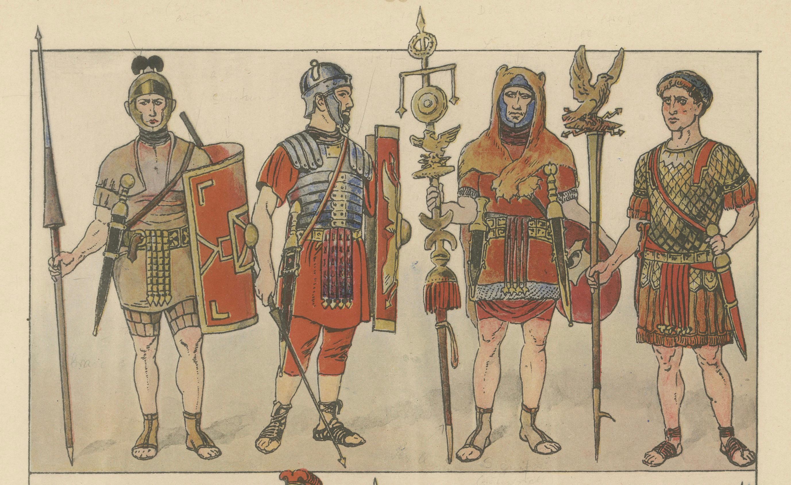 Antiker römischer Militärkostümteller, handkolorierter Druck um 1880 (Deutsch) im Angebot