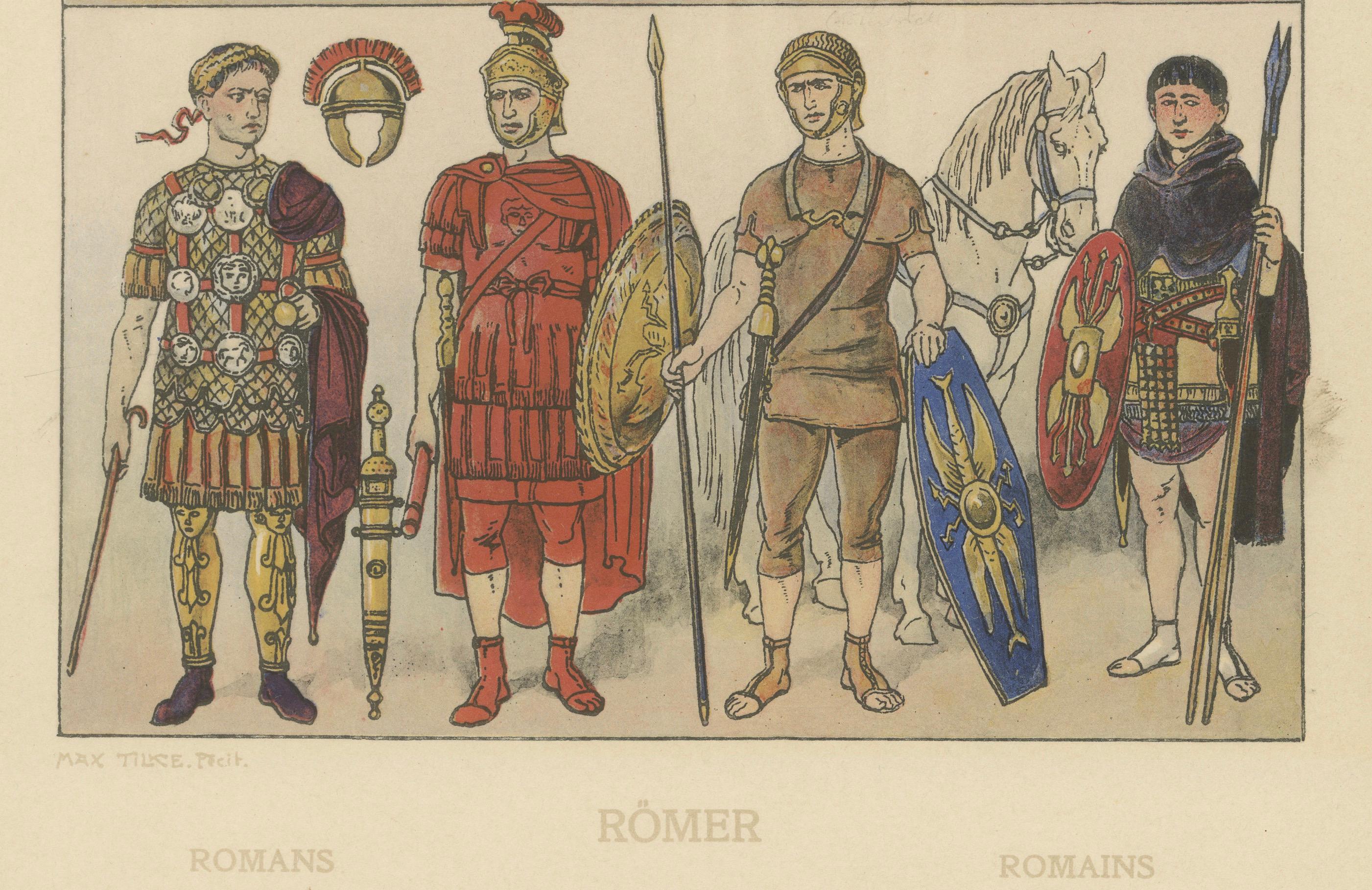 Antiker römischer Militärkostümteller, handkolorierter Druck um 1880 im Zustand „Gut“ im Angebot in Langweer, NL
