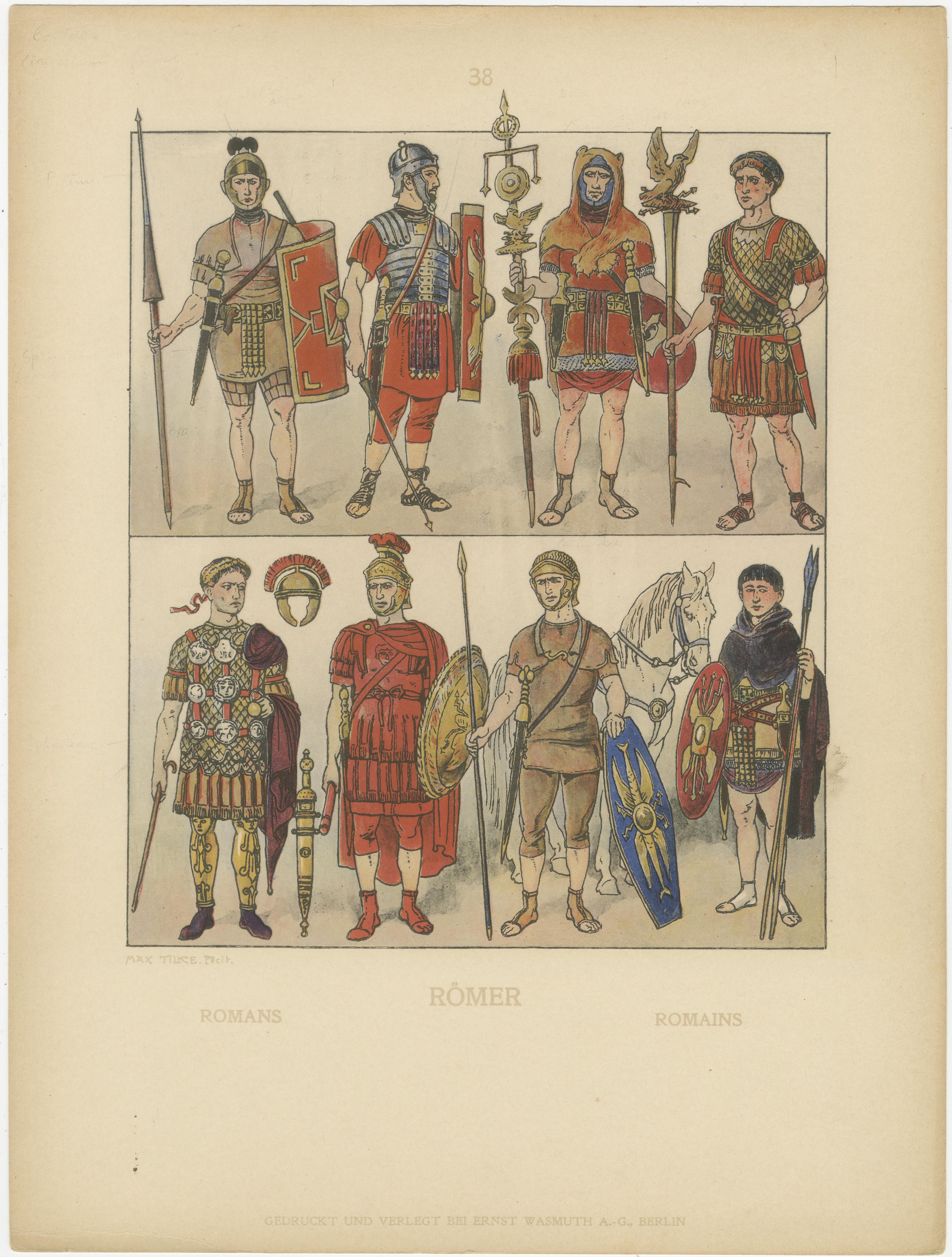 Antiker römischer Militärkostümteller, handkolorierter Druck um 1880 (Spätes 19. Jahrhundert) im Angebot