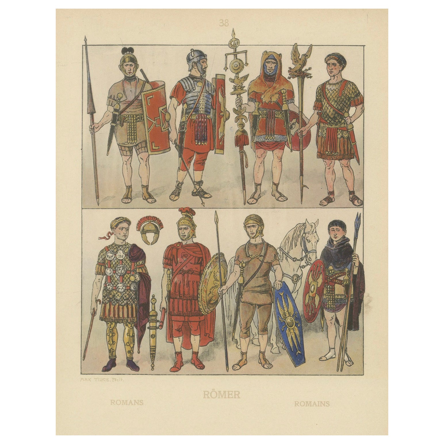 Antiker römischer Militärkostümteller, handkolorierter Druck um 1880