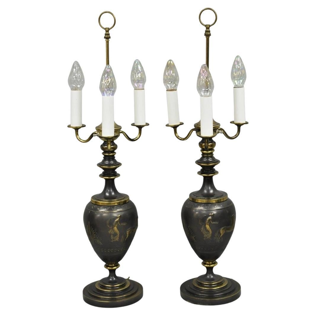 Antiguas Lámparas de Mesa Candelabro Figurales Romanas Neoclásicas Acabado Bronce - un Par en venta