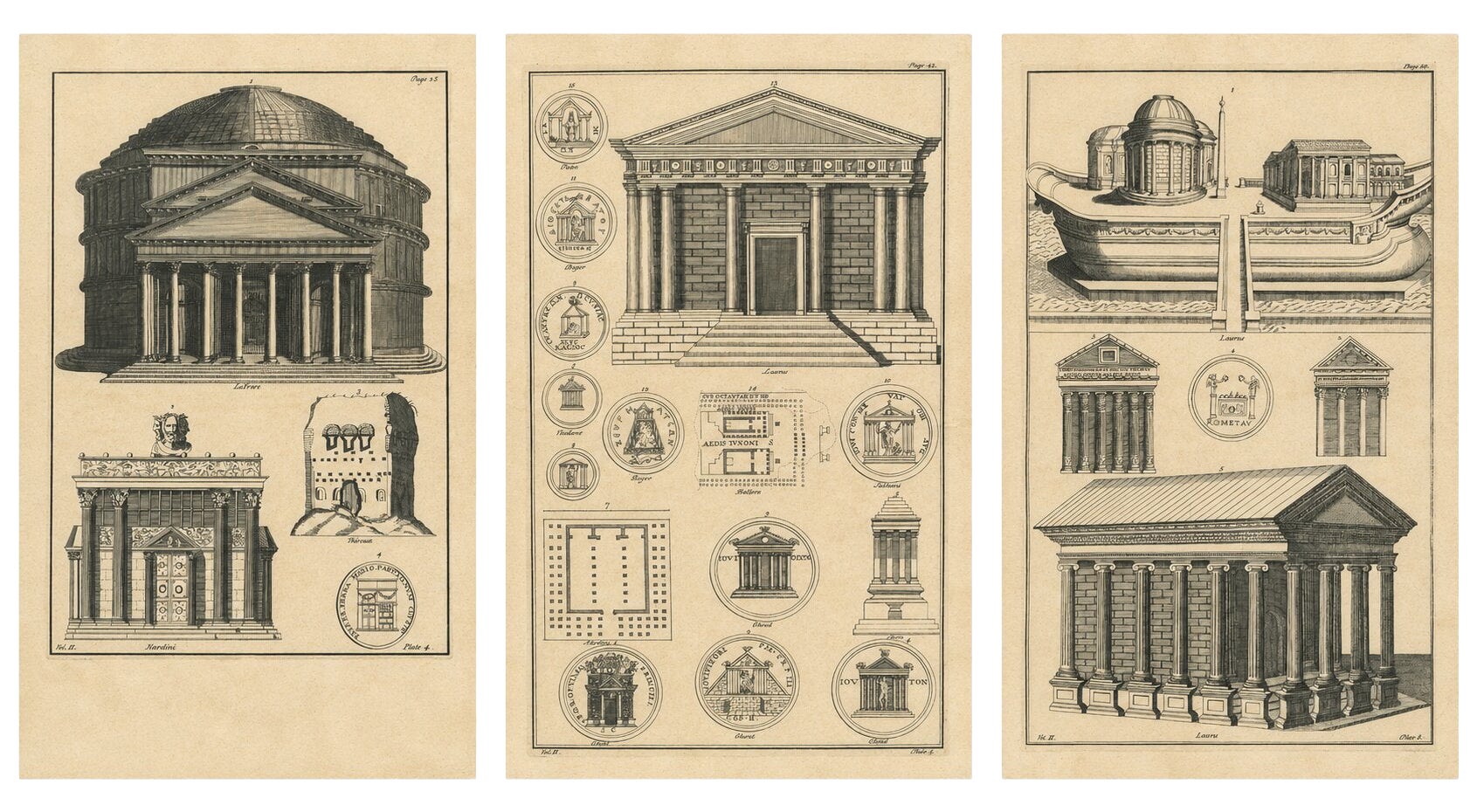 Antique Roman Temple Engravings Set of 3, Montfaucon 1721 Architecture