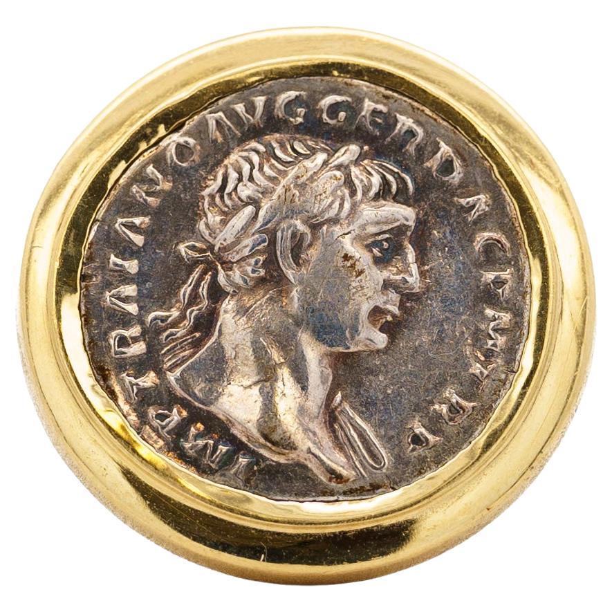 Antique Roman "Trajan" Dupondius Coin Brushed Gold Men's 18K Yellow Gold Ring For Sale