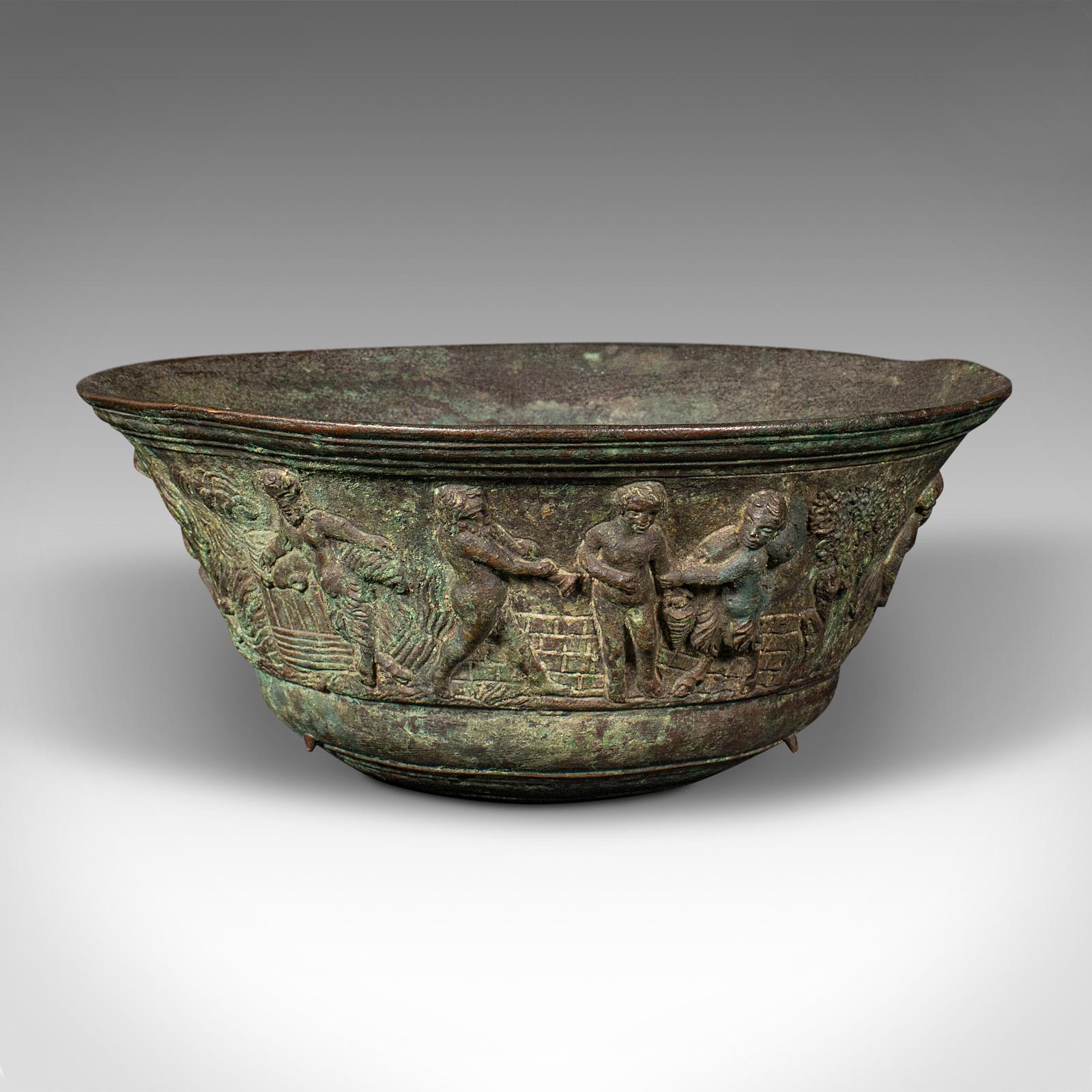 This is an antique Romanesque bowl. An Italian, bronze Grand Tour dish with Bacchanalian decor, dating to the Victorian period, circa 1860.

Fascinating classical detail accentuates this fine Grand Tour bowl
Displays a desirable aged patina and in