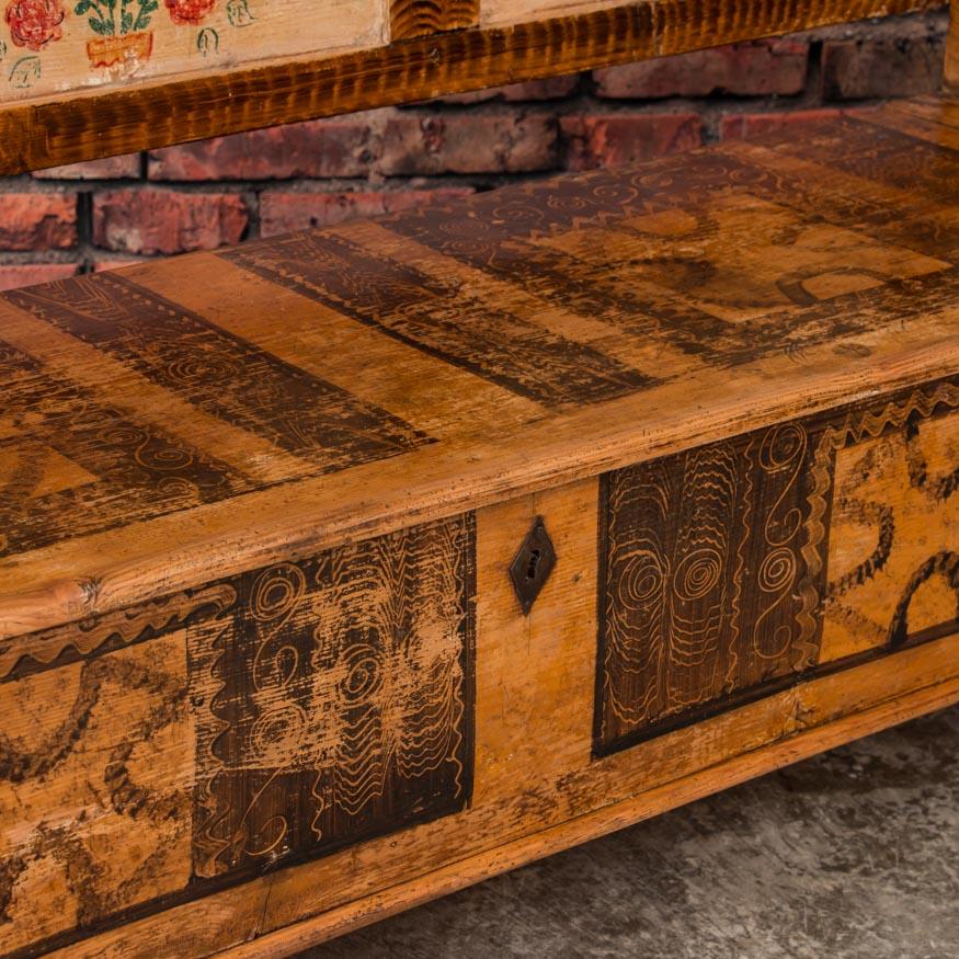 Pine Antique Romanian Folk Art Painted Storage Bench