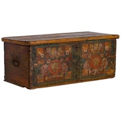 Antique Original, Colorful Painted Trunk/Coffee Table from Romania