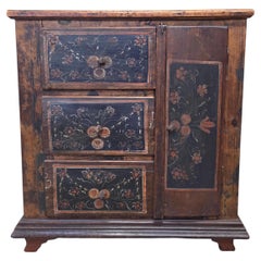 Antique Romanian Folk Painted Pine Cupboard with Drawers and a Door