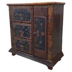 Antique Romanian Folk Painted Pine Cupboard with Drawers and a Door