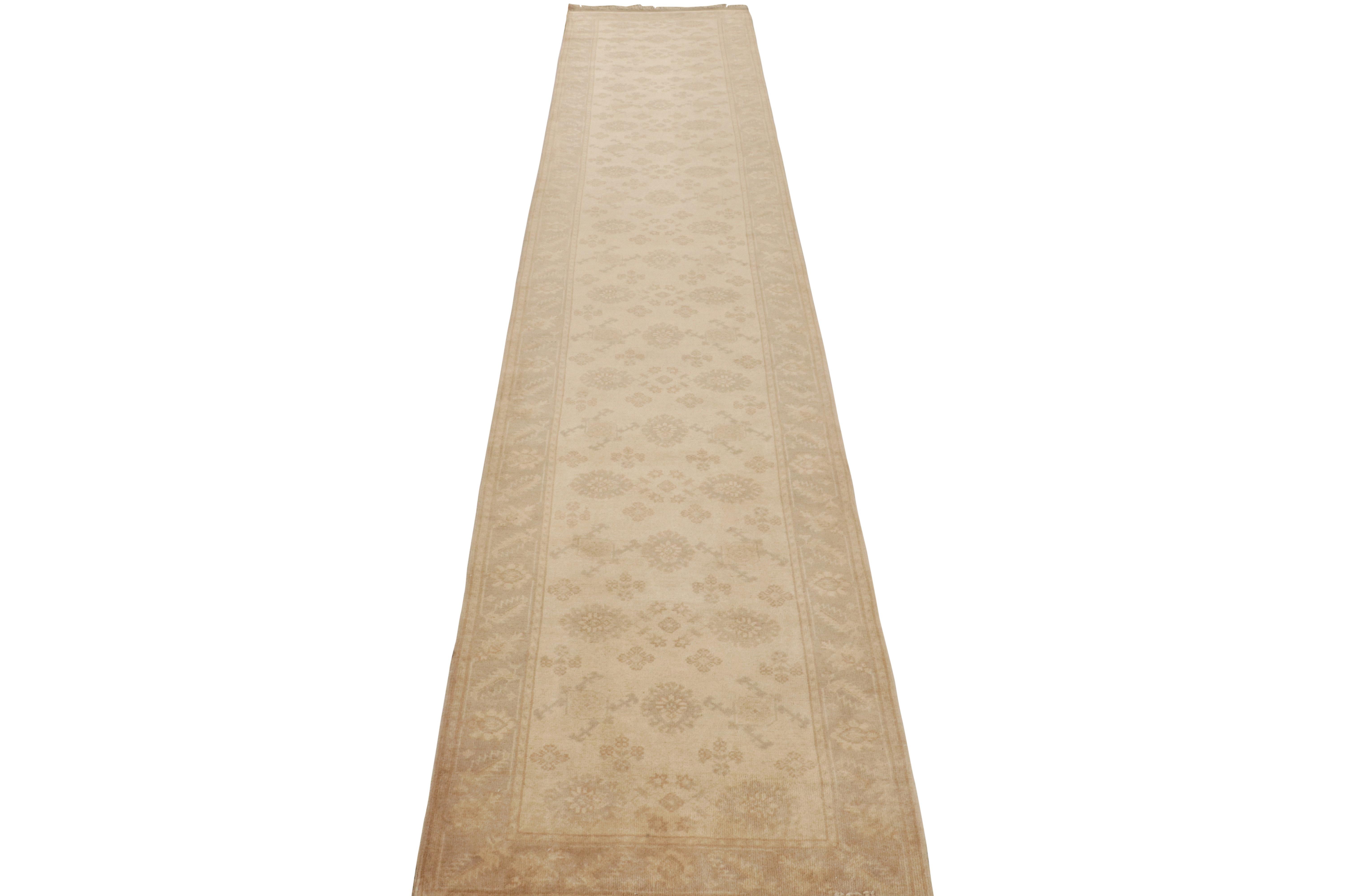 Late 19th Century Antique Romanian Oushak Runner Beige Brown Geometric Rug by Rug & Kilim For Sale