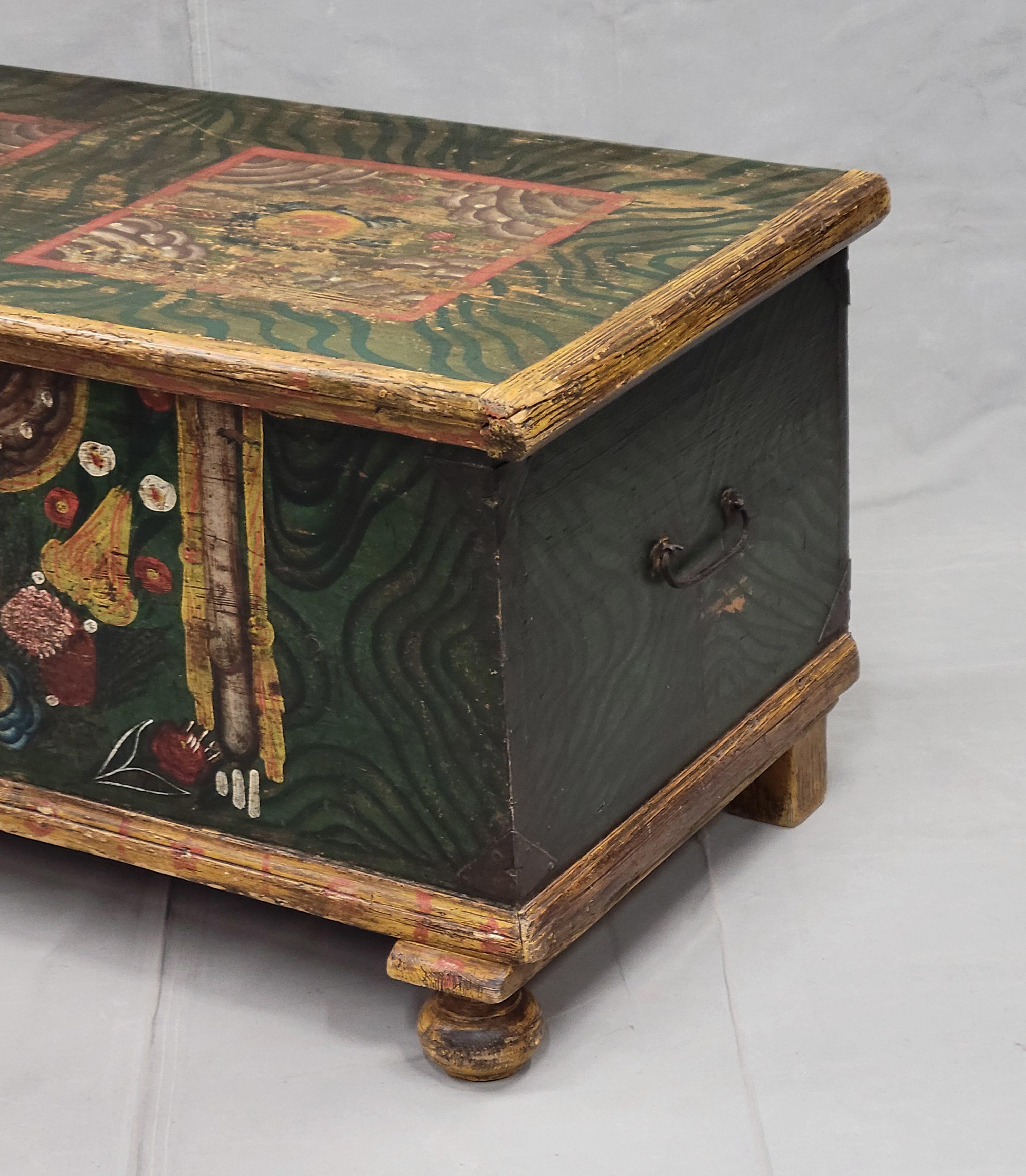 Hand-Crafted Antique Romanian Painted Pine Blanket Chest For Sale