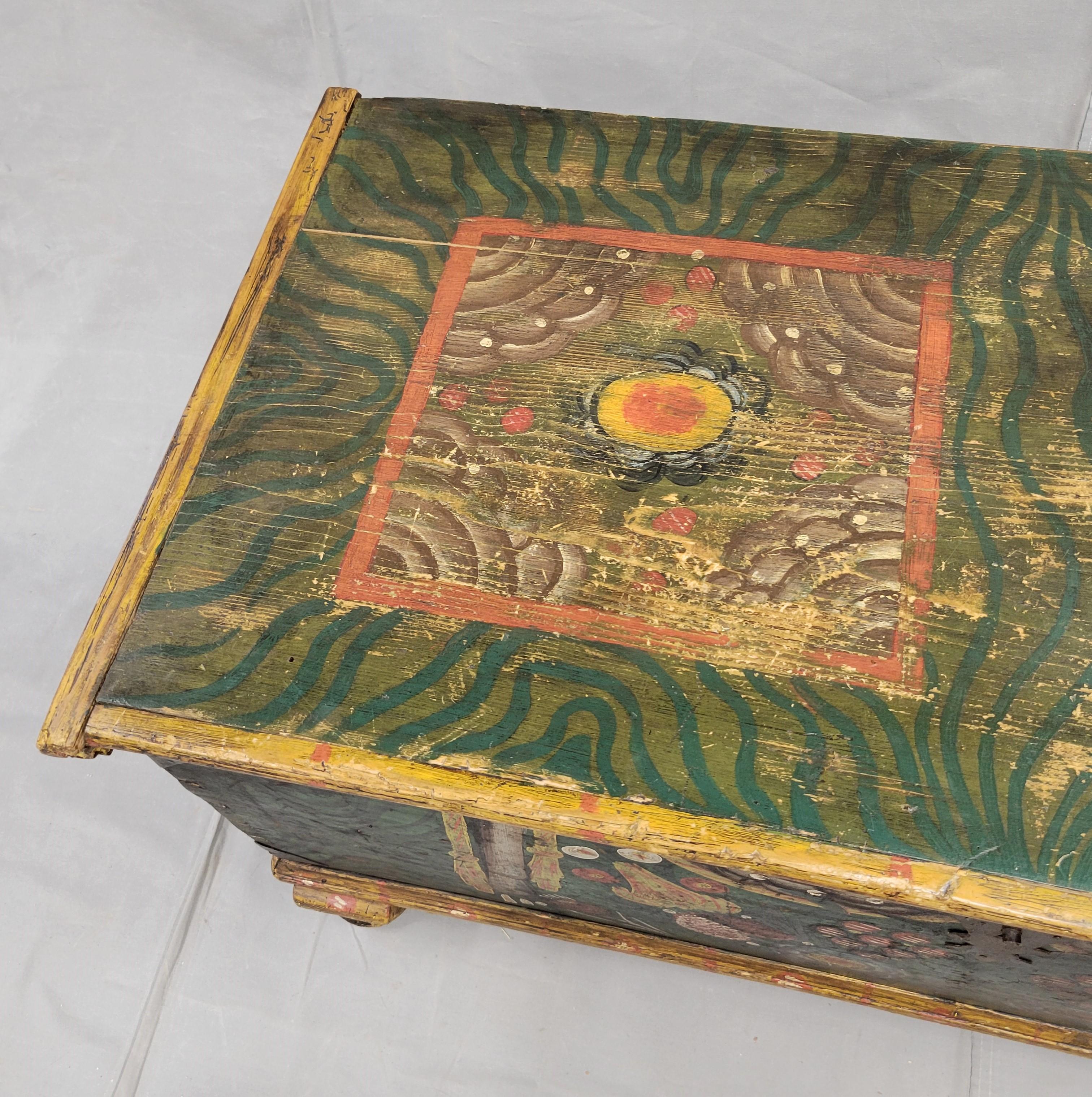 19th Century Antique Romanian Painted Pine Blanket Chest For Sale