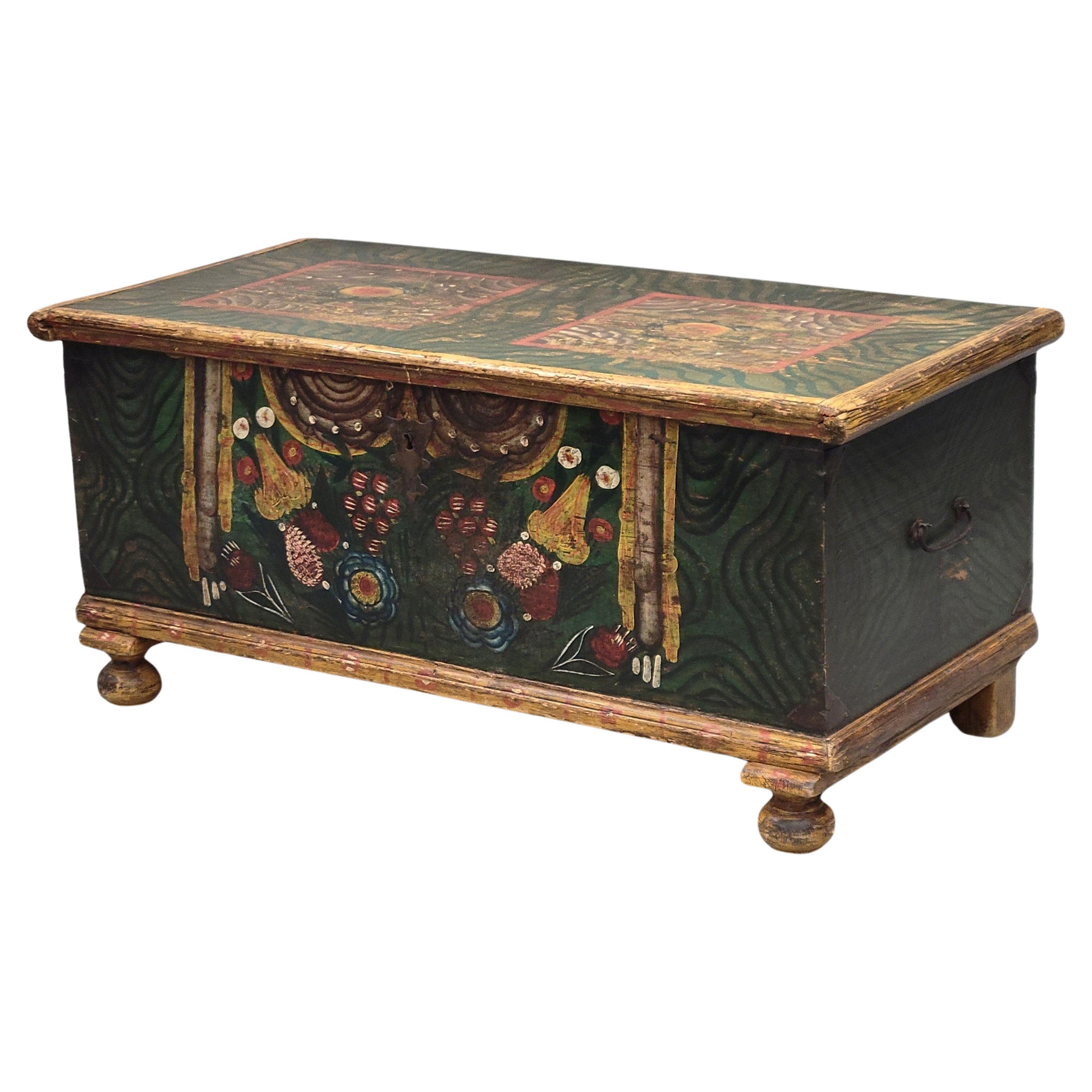 Antique Romanian Painted Pine Blanket Chest For Sale