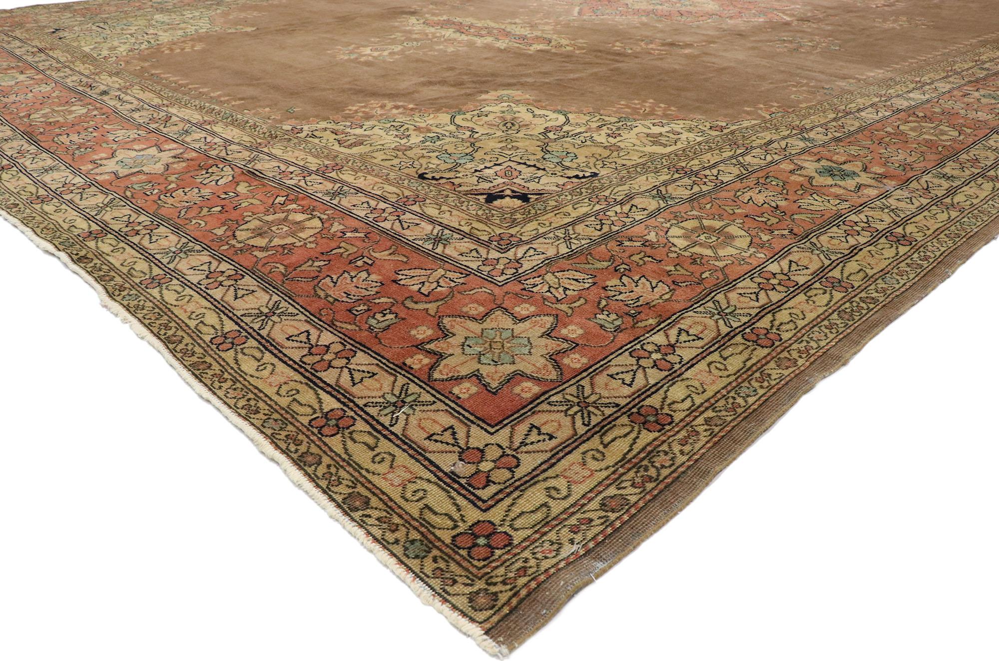 72650, antique Romanian Palace size rug with Rustic Victorian style. Warm and inviting with Old World vibes, this hand knotted wool antique Romanian palace rug beautifully embodies a rustic Victorian style. Taking center stage is a large concentric