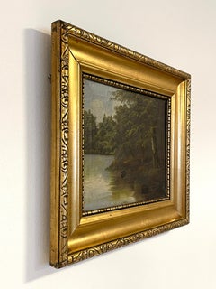 Antico dipinto a olio romantico di un paesaggio lacustre che confina con una fitta foresta verde