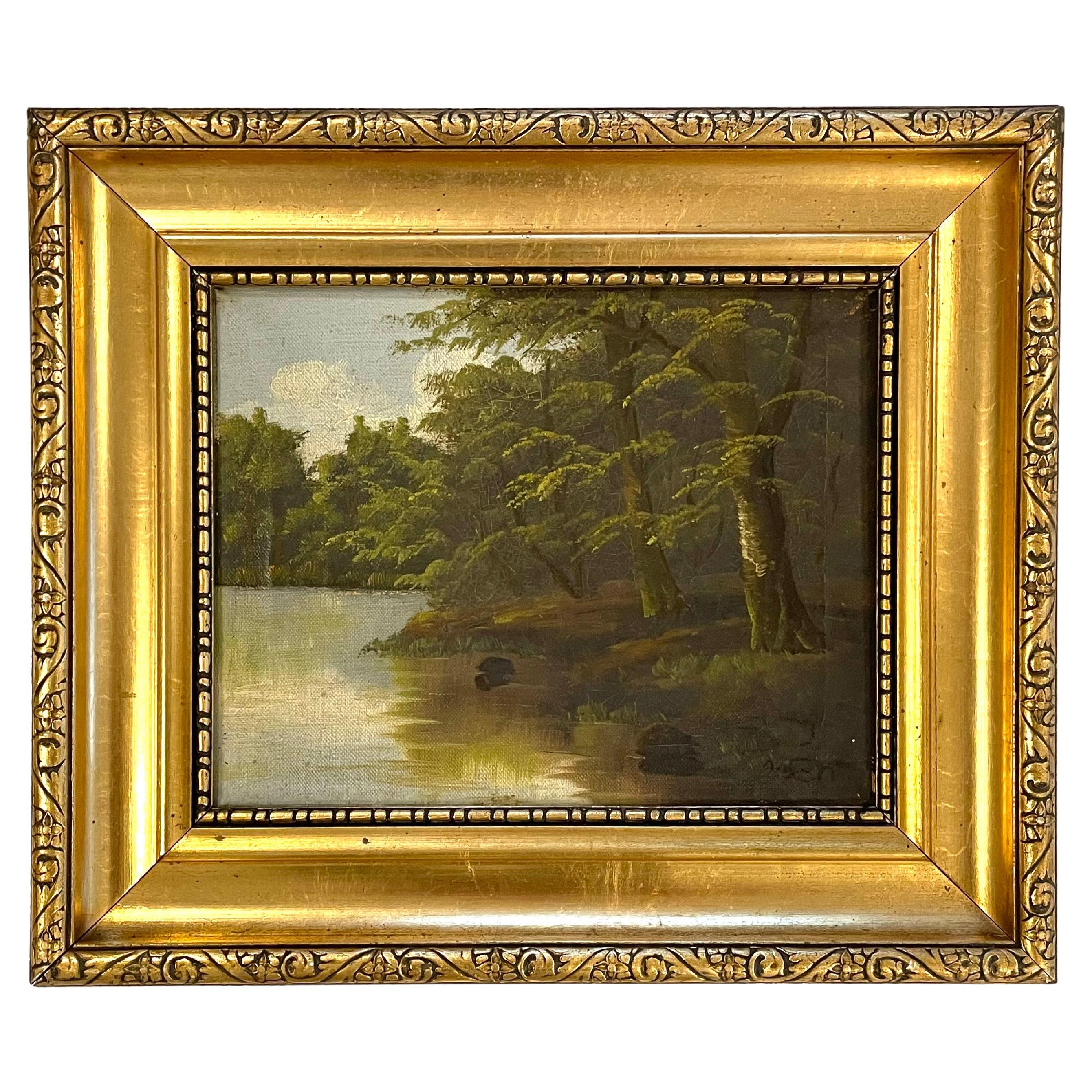 Antique romantic oil painting of a lake scenery bordering a dense, green forest