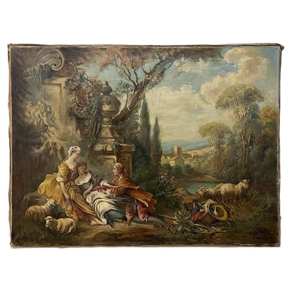Antique Romantic Oil Painting on Canvas in the Manner of Francois Boucher