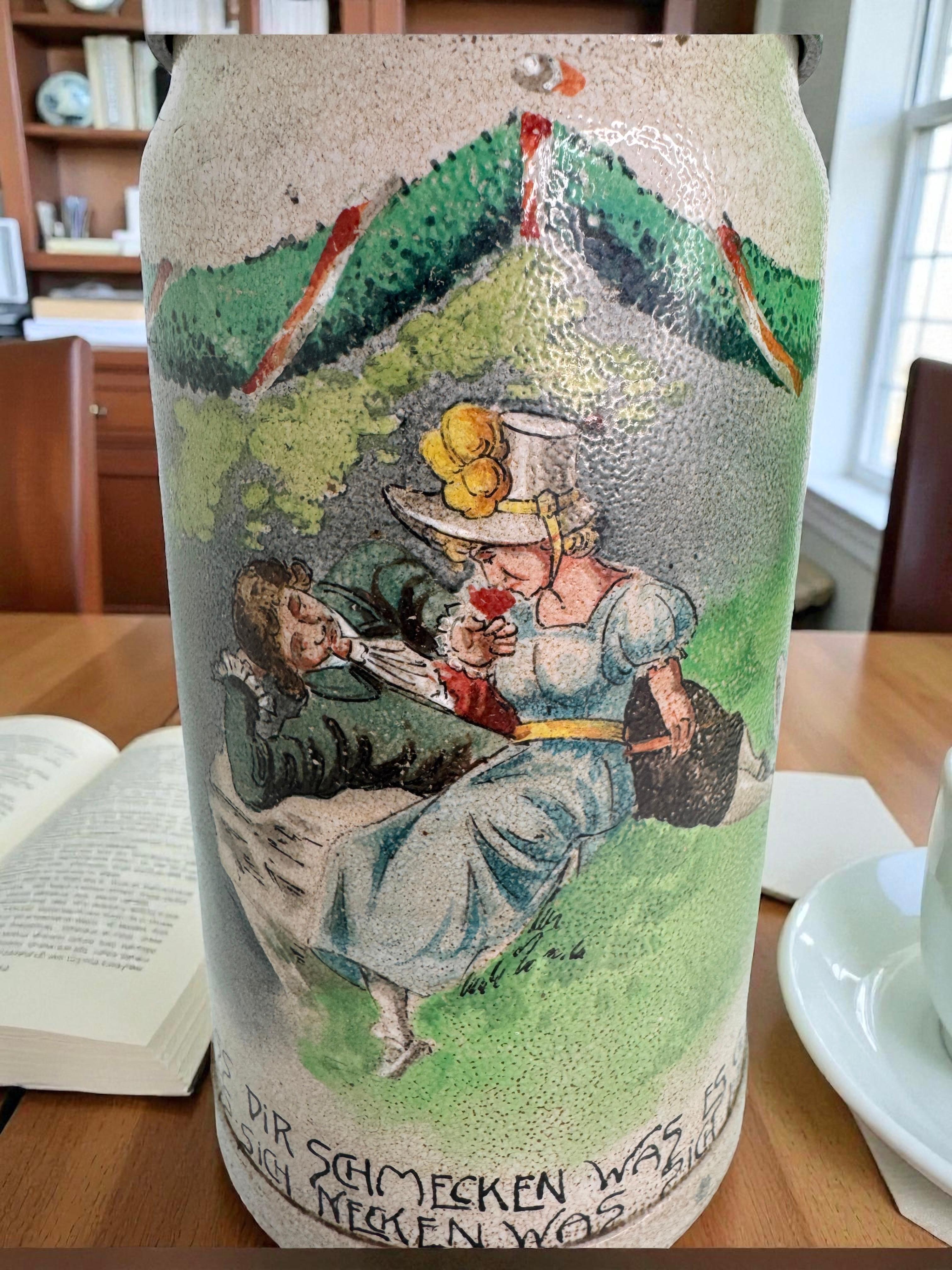 Ancien Stein à bière en grès de 1 litre avec couvercle, Scène romantique, Allemagne, années 1900 en vente 7