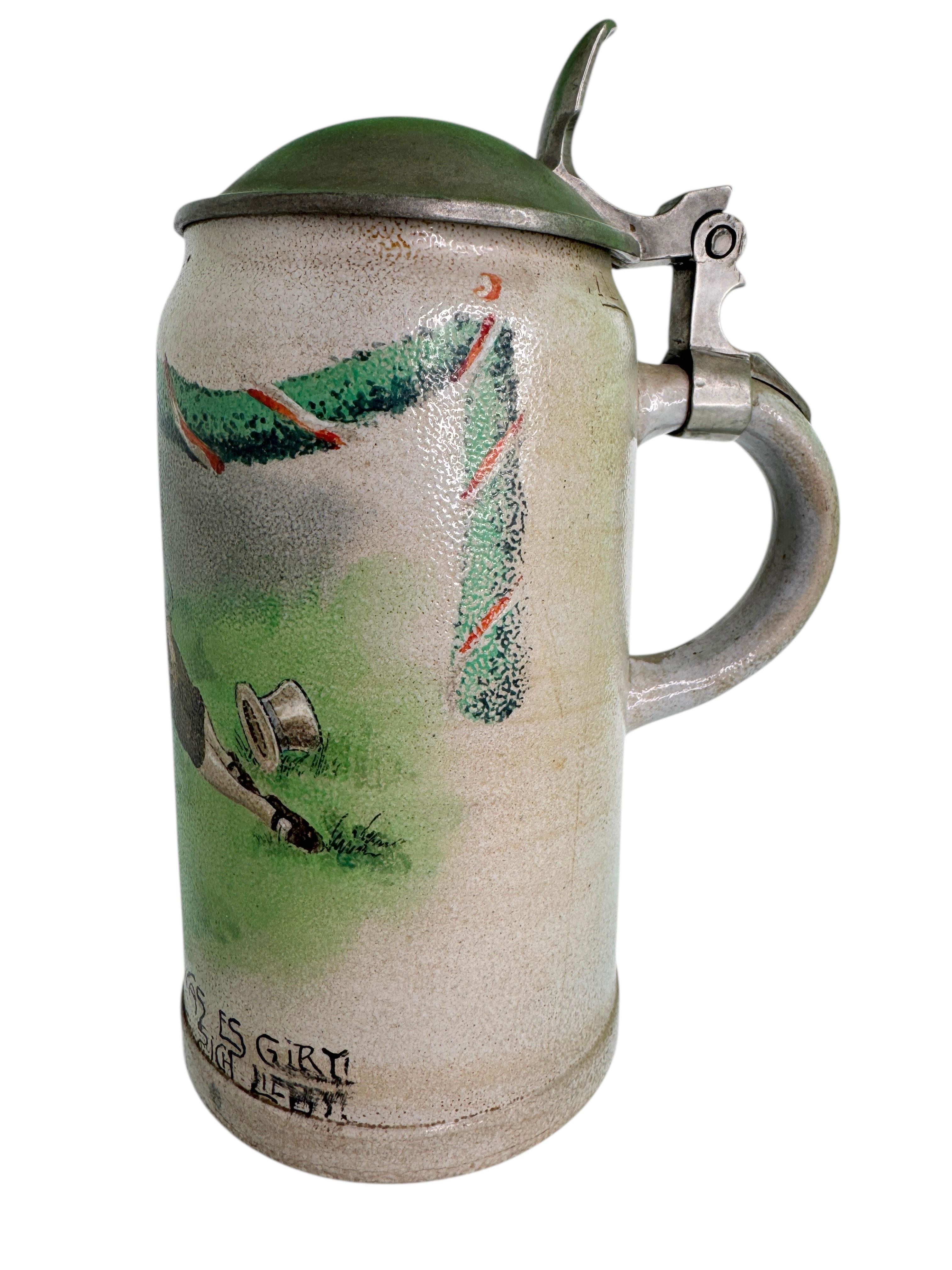 Artisanat Ancien Stein à bière en grès de 1 litre avec couvercle, Scène romantique, Allemagne, années 1900 en vente