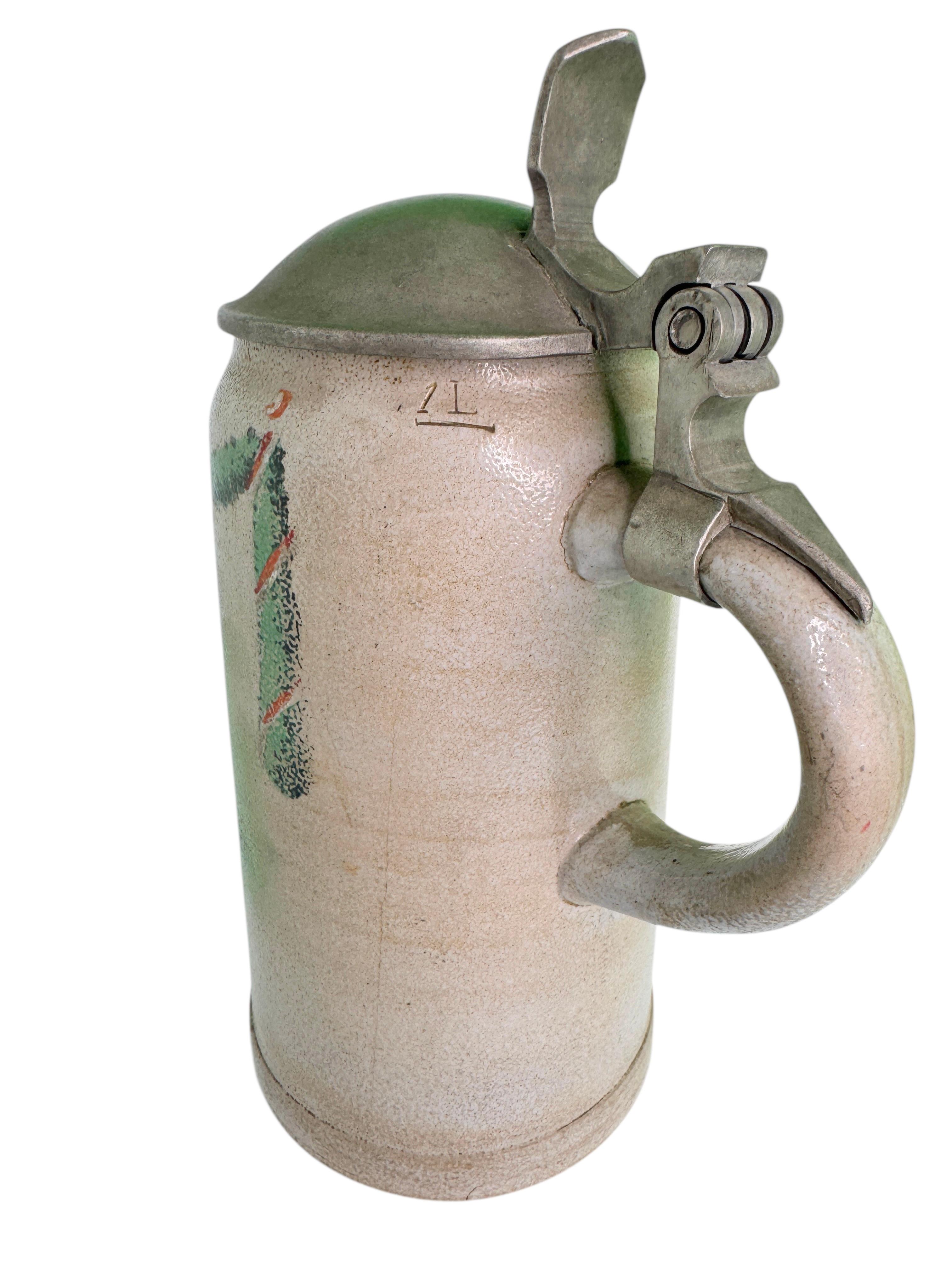 Allemand Ancien Stein à bière en grès de 1 litre avec couvercle, Scène romantique, Allemagne, années 1900 en vente
