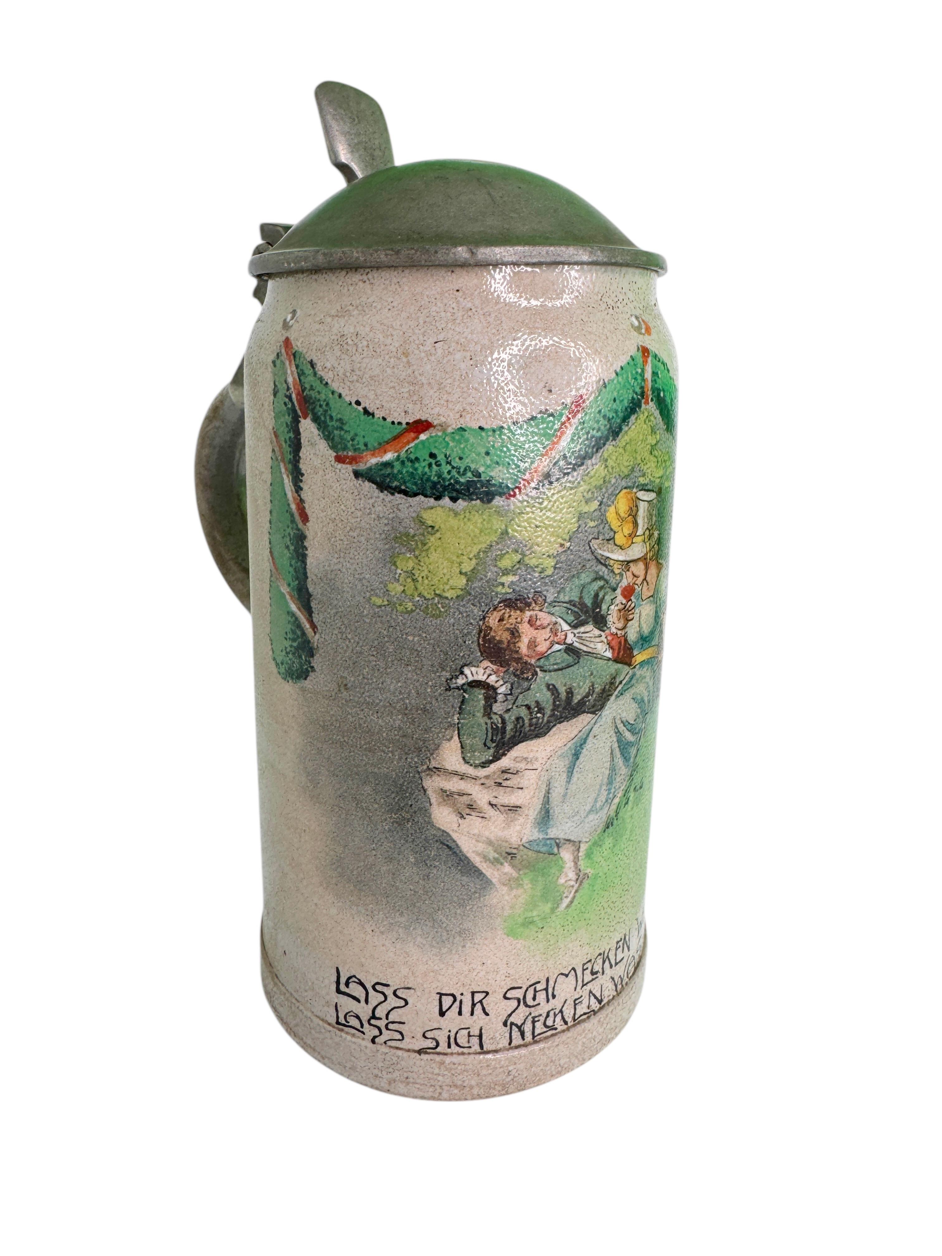 Grès Ancien Stein à bière en grès de 1 litre avec couvercle, Scène romantique, Allemagne, années 1900 en vente