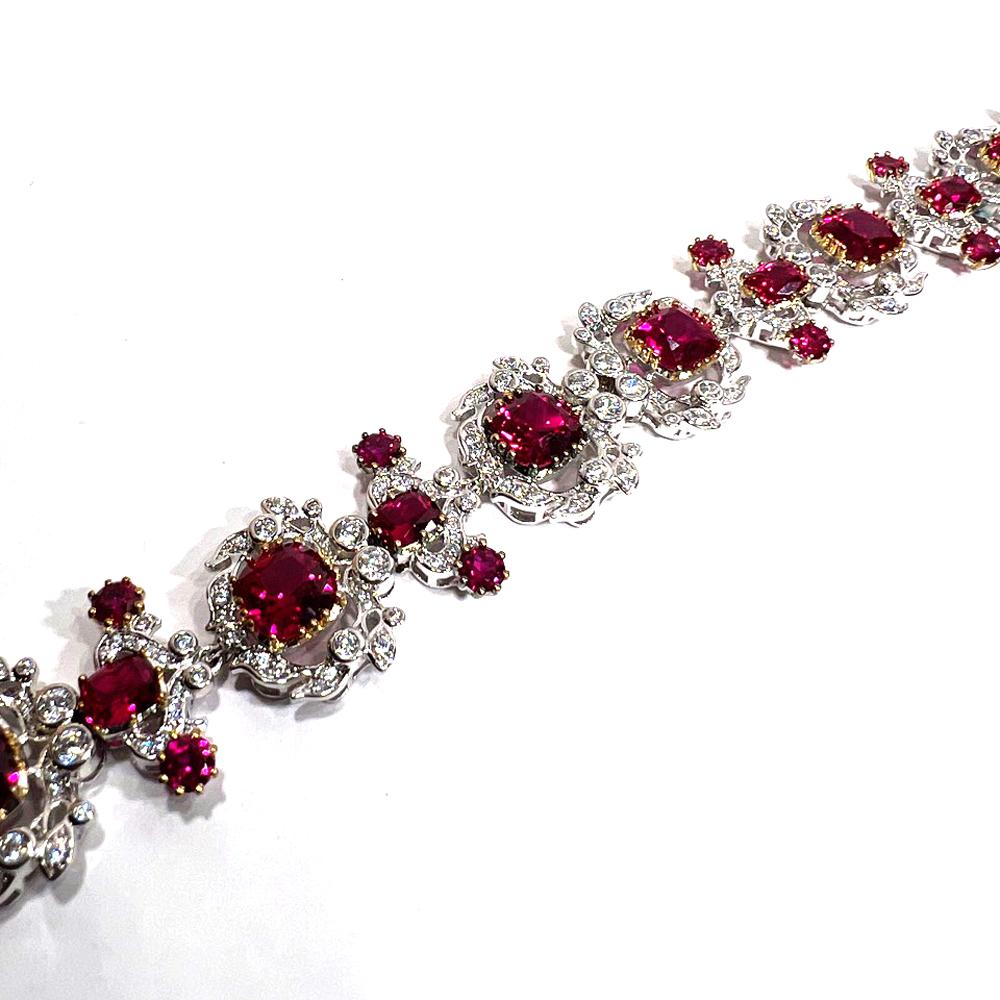 Antique Romantic Style Diamond Ruby Costume Jewelry Bracelet

Handmade antique-style lab-grown Burma rubies and CZ diamonds costume jewellery bracelet featuring delicate floral motifs. The lab rubies are set in gold vermeil, while the lab CZs are