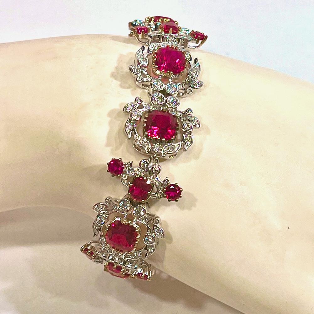 Antique Cushion Cut Diamond Ruby Costume Jewelry Bracelet Antique Romantic Style For Sale