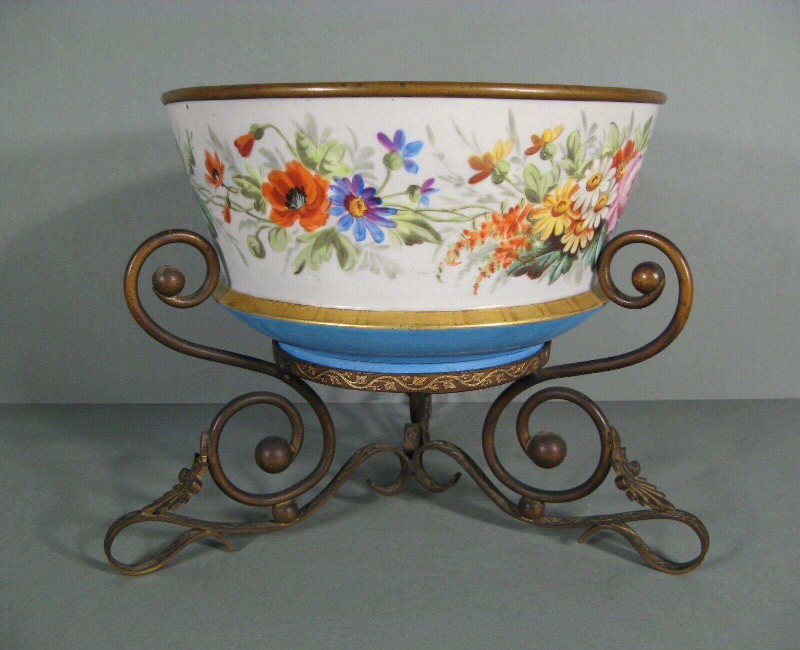 Empire Antique Romantic Style Fruit Coupe in Painted Porcelain with Brass Mount - 1Y133