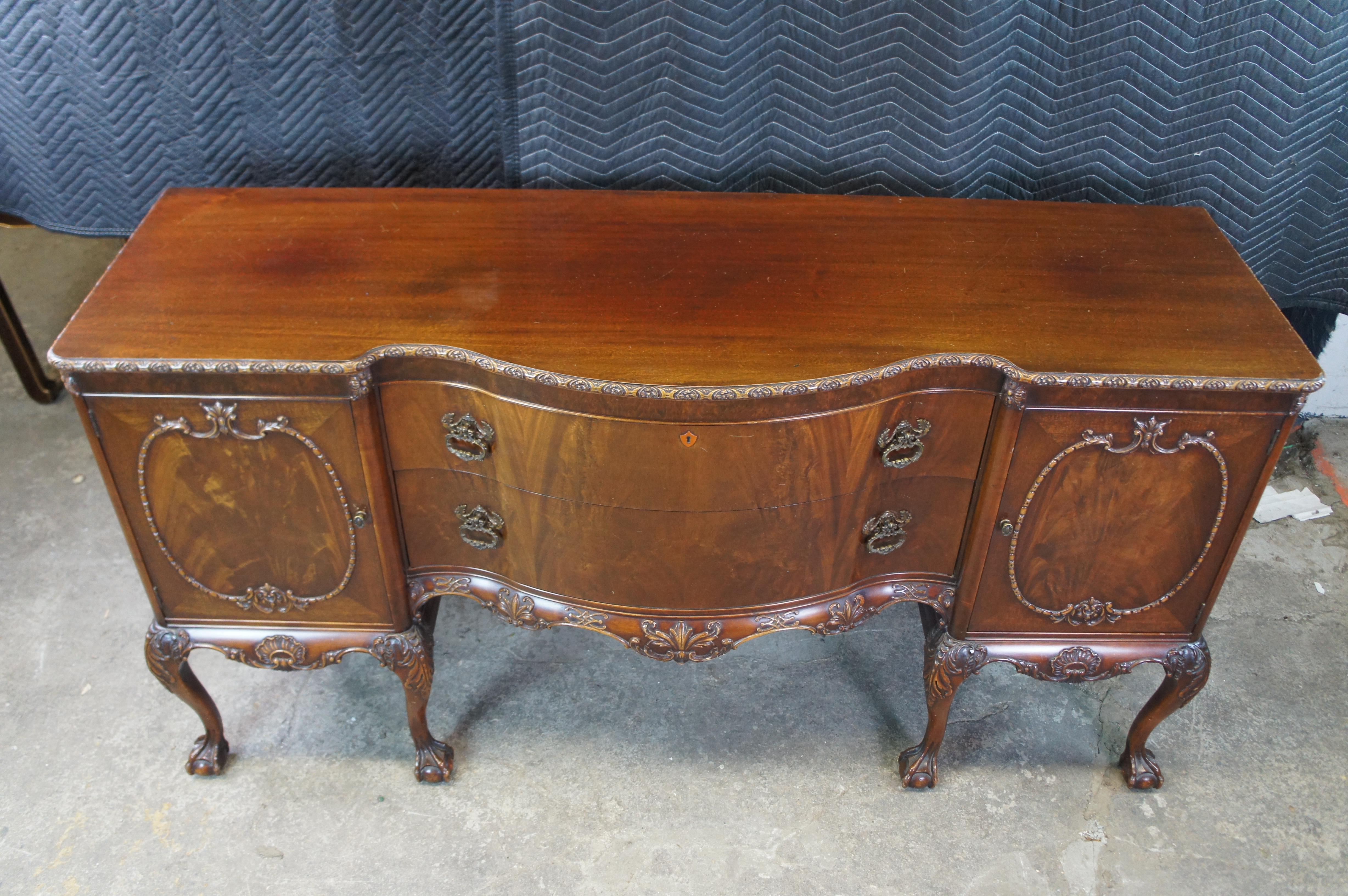 Antiguo Aparador Buffet Romweber Inglés Chippendale Georgiano Caoba Crotch siglo XX en venta