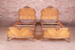 Antique Romweber French Rococo Louis XV Inlaid Satinwood Twin Beds, Pair