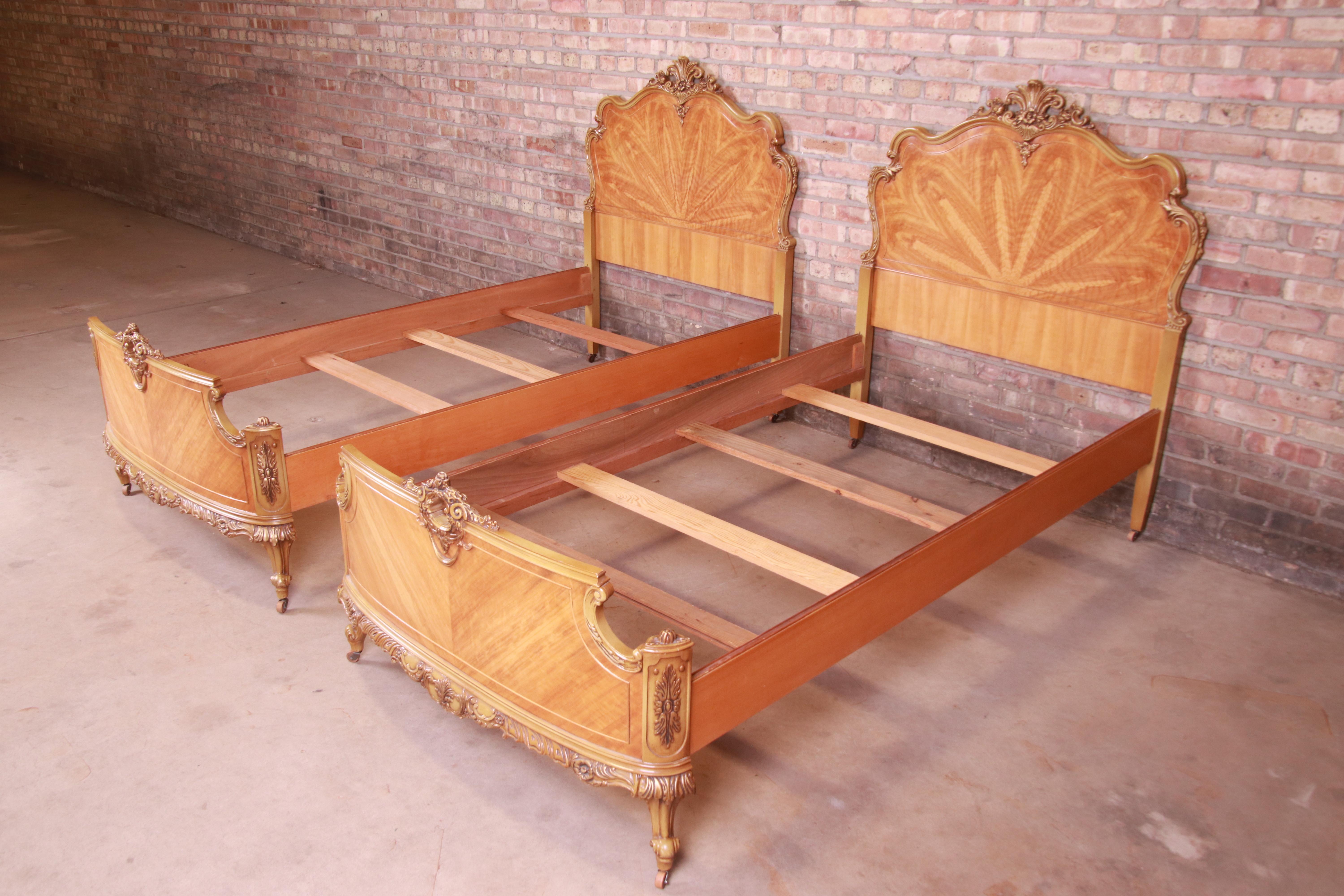 Antique Romweber French Rococo Louis XV Inlaid Satinwood Twin Beds, Pair 1