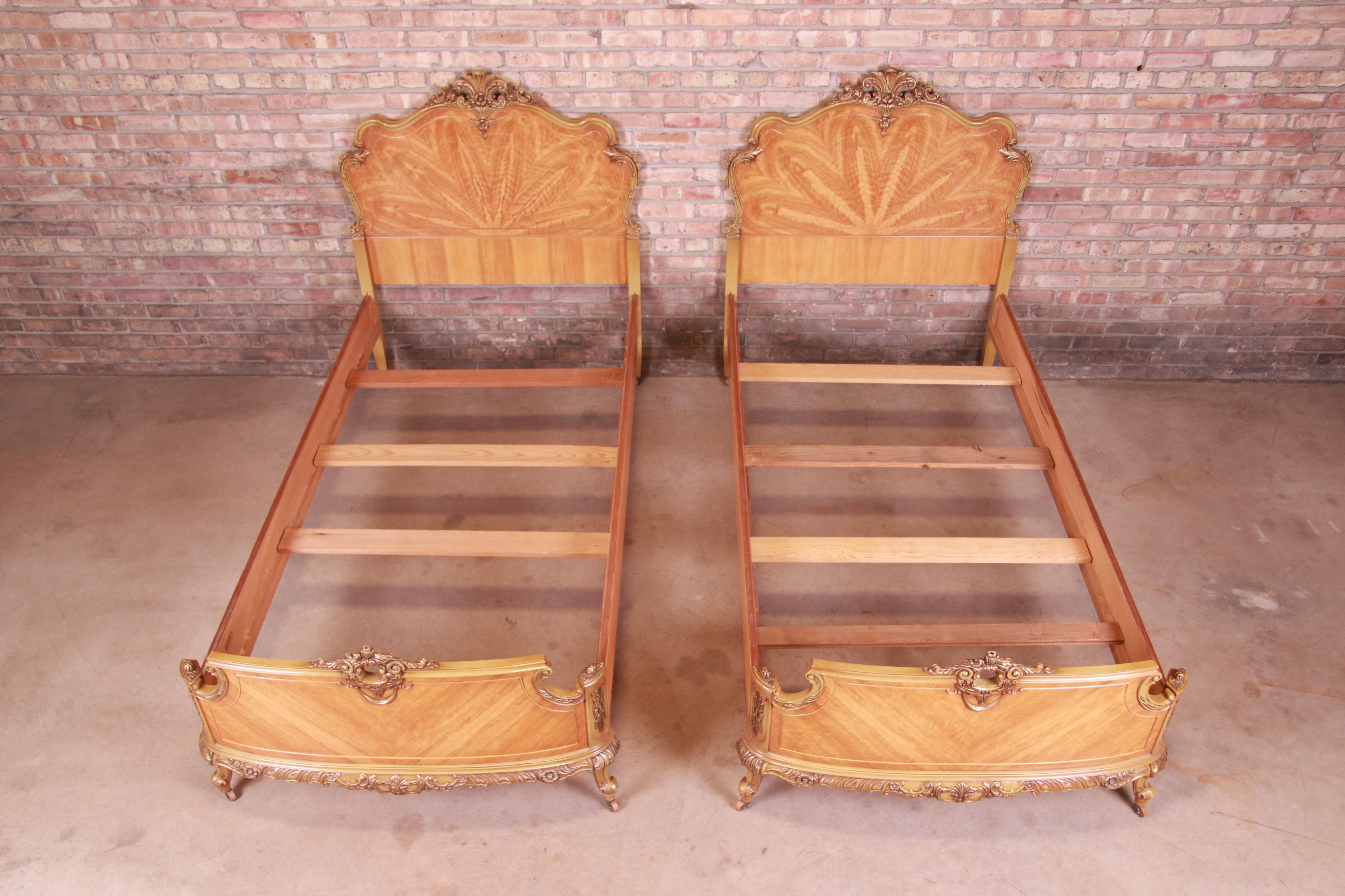 Antique Romweber French Rococo Louis XV Inlaid Satinwood Twin Beds, Pair 2