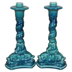 Antiguo Rookwood 1921 XXI Delphin Dolphin Candlesticks Candelabros 12"