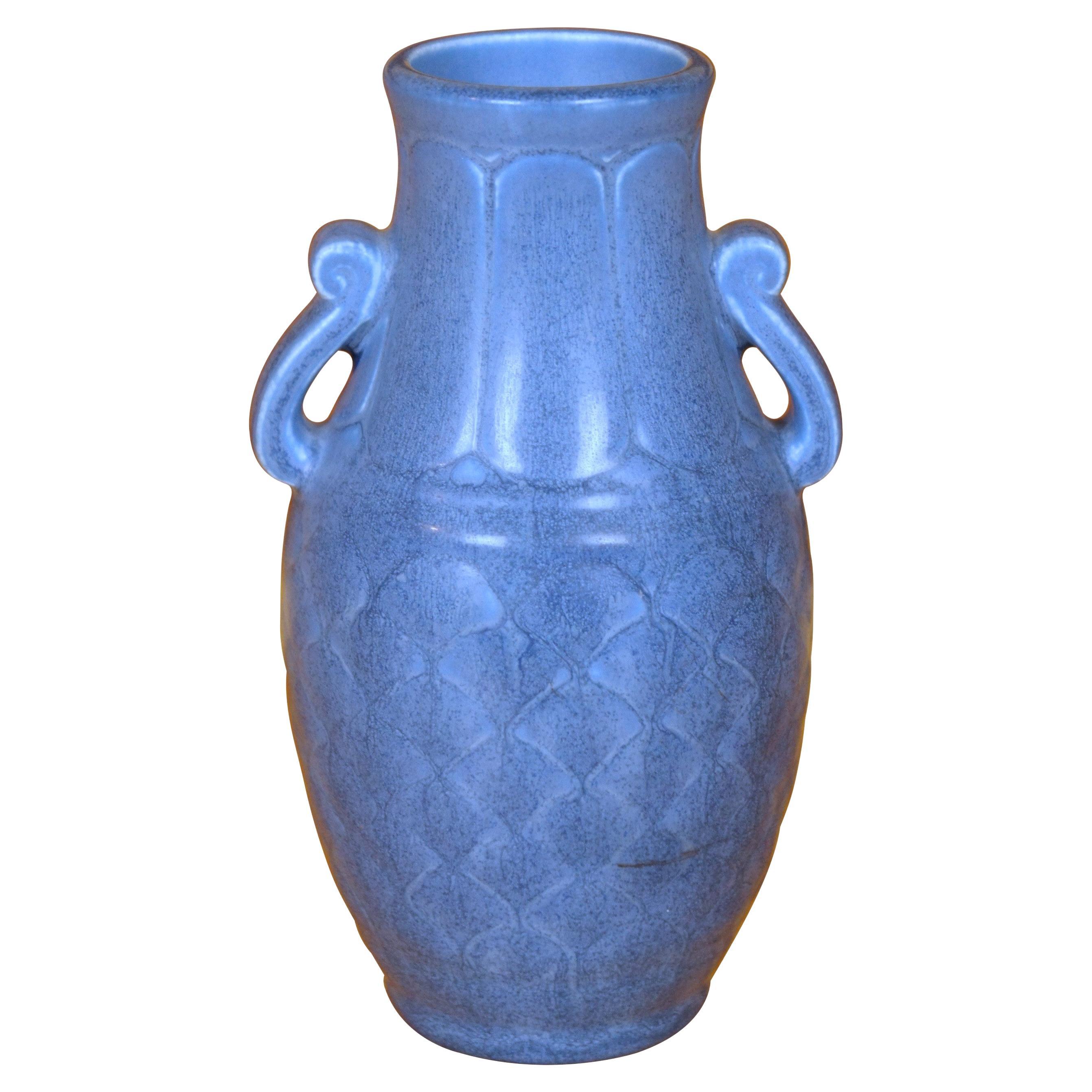 Rookwood Art Deco 1930 XXX 6096 Mattblaue Vase mit Korbgeflechtgriff 6"