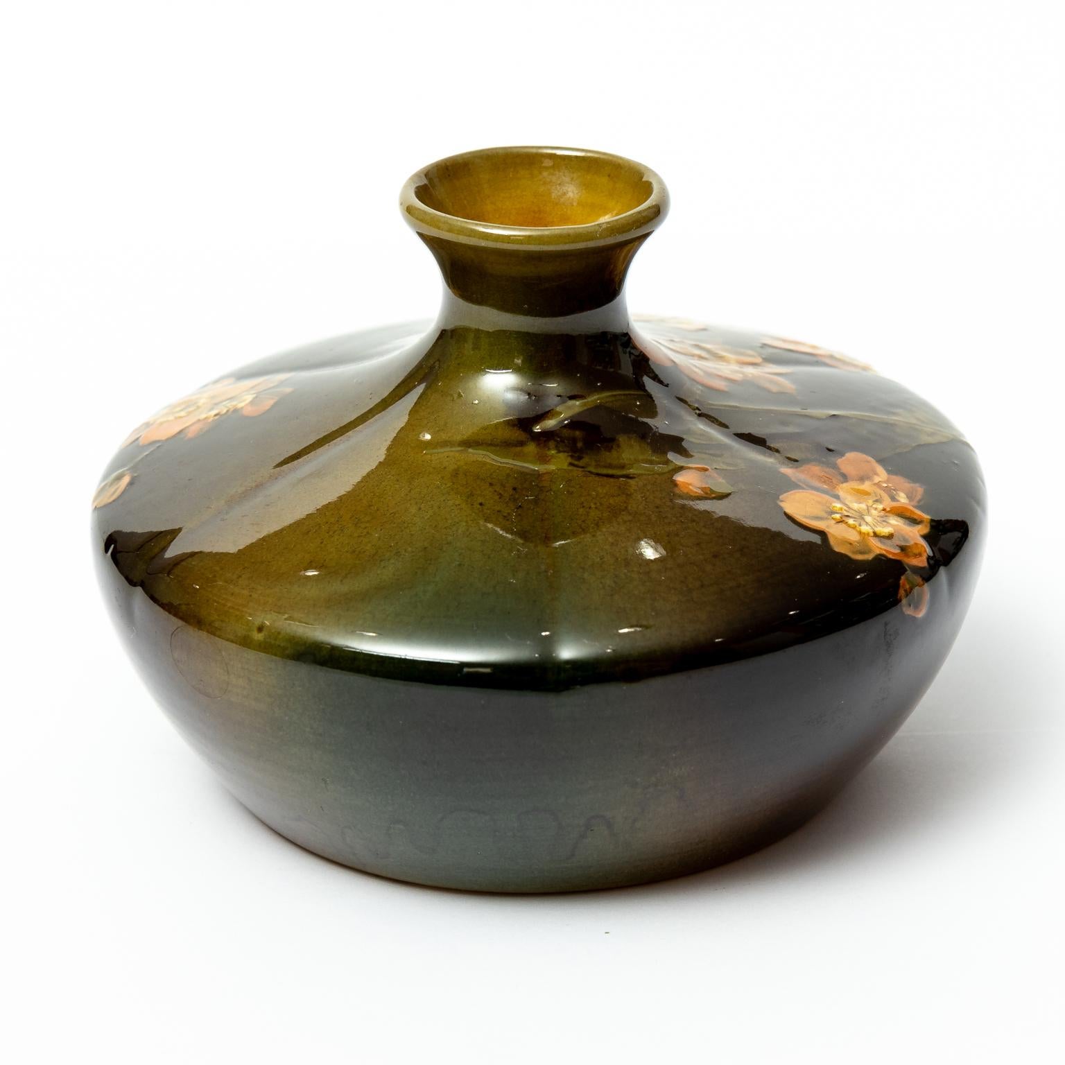 Antique Rookwood Art Pottery Squat Vase with Flowers For Sale at