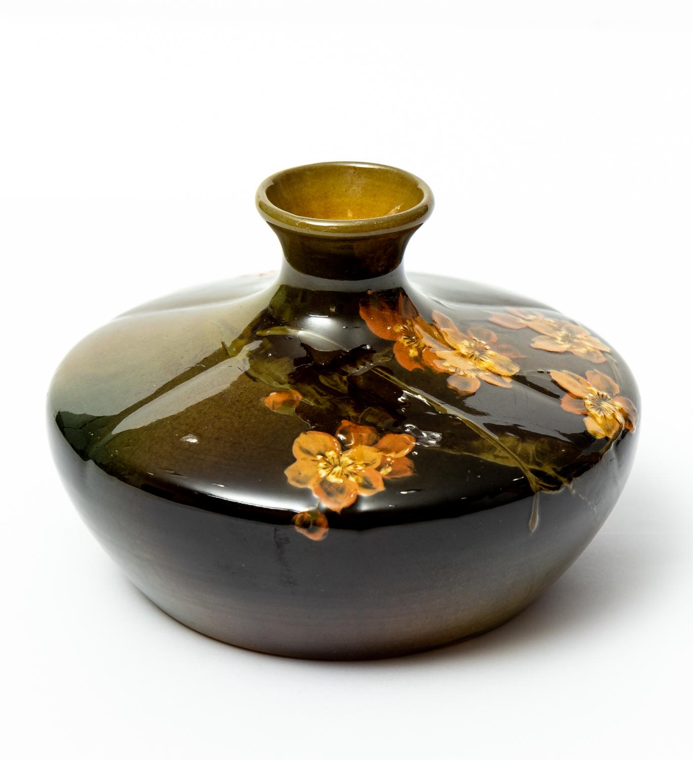 Antique Rookwood Art Pottery Squat Vase with Flowers For Sale at