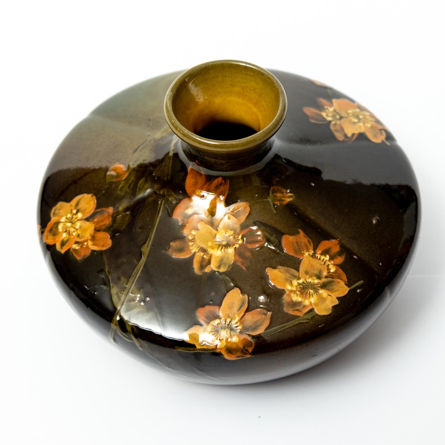 Antique Rookwood Art Pottery Squat Vase with Flowers For Sale at